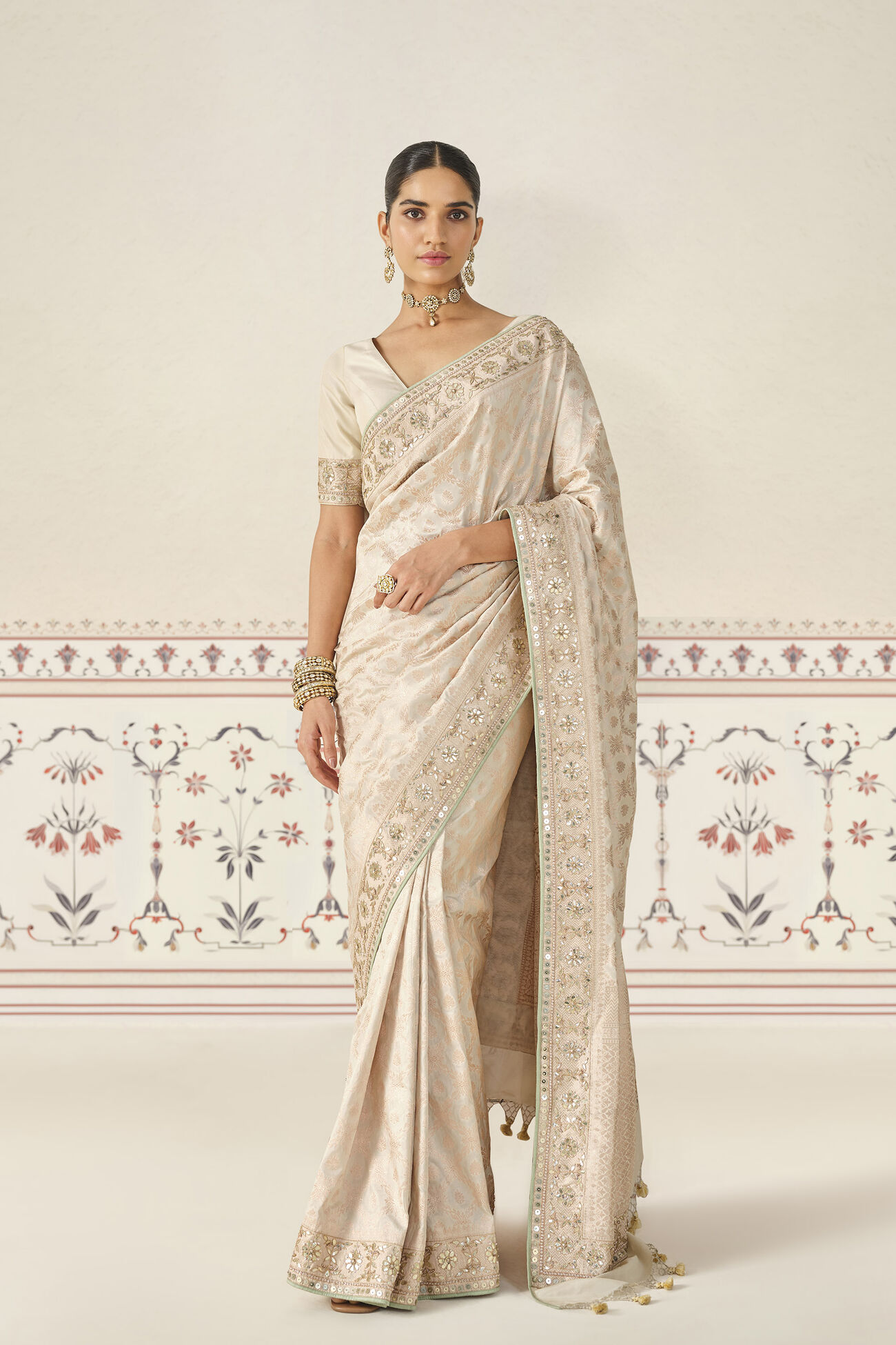 Azores Handwoven Benarasi Gota Patti Silk Saree - Cream, Cream, image 1