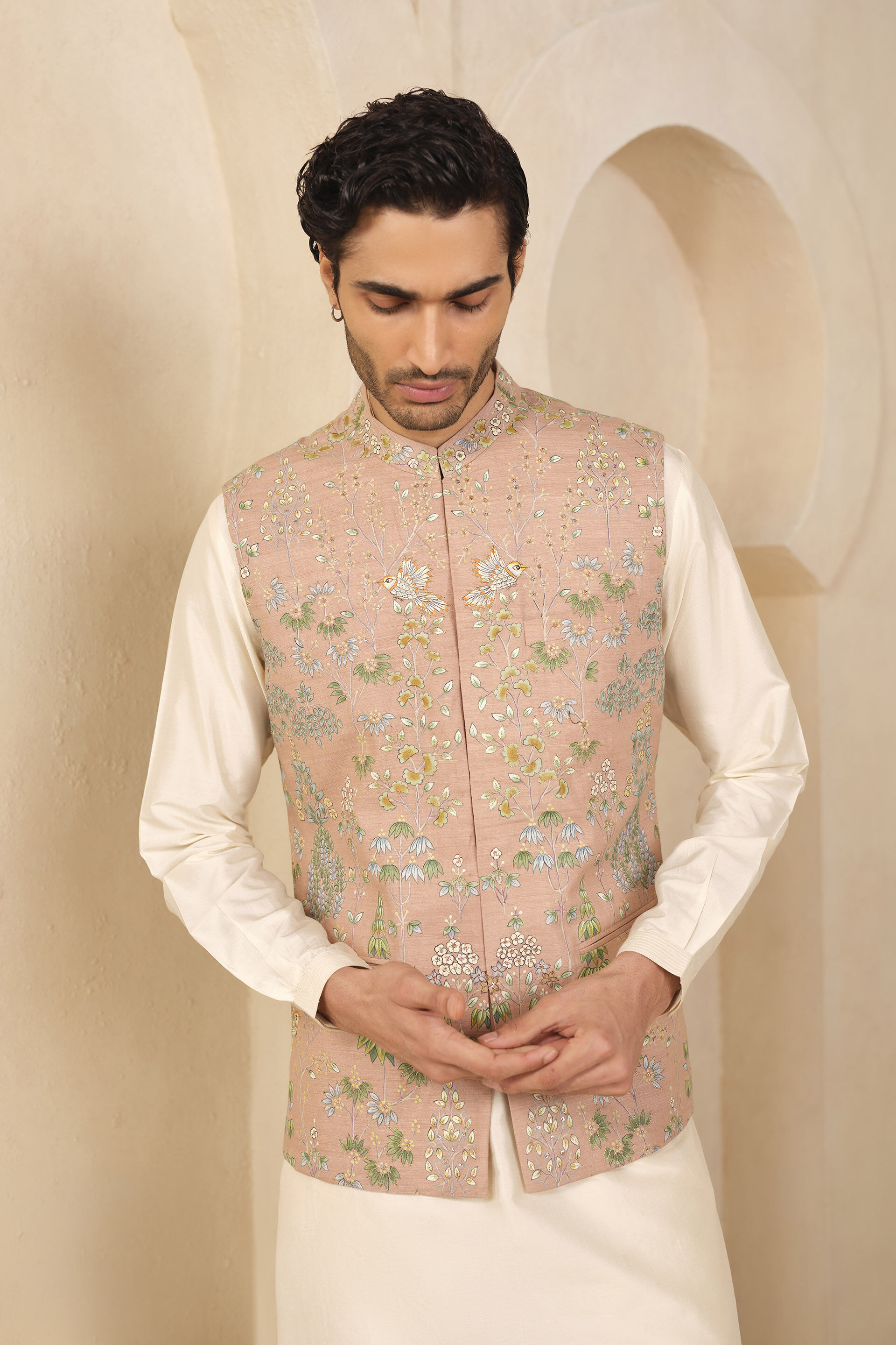 Aziz Hand-painted Pichhwai Silk Nehru Jacket - Salmon, Salmon, image 4