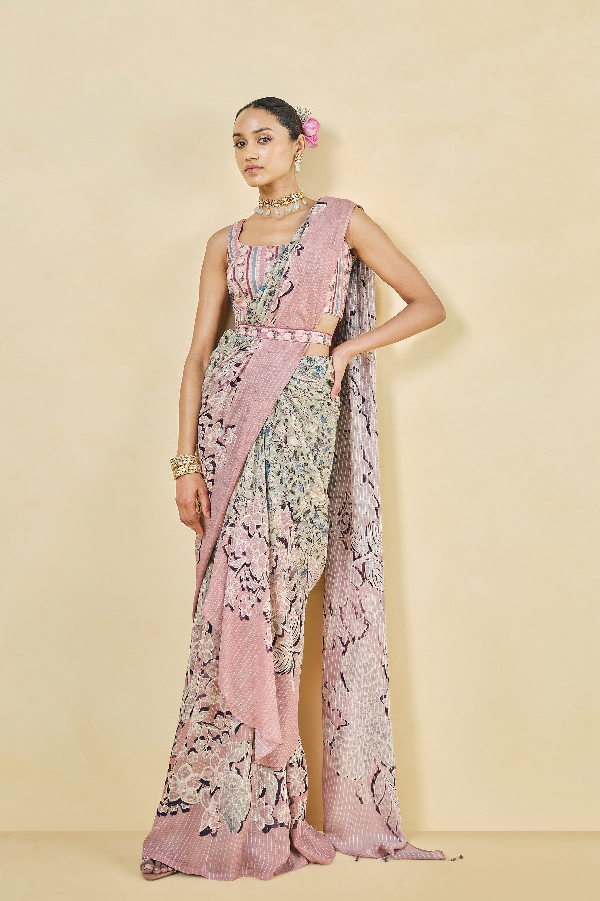 Buy Designer Freesia Pre draped Saree Blush Online from Anita Dongre