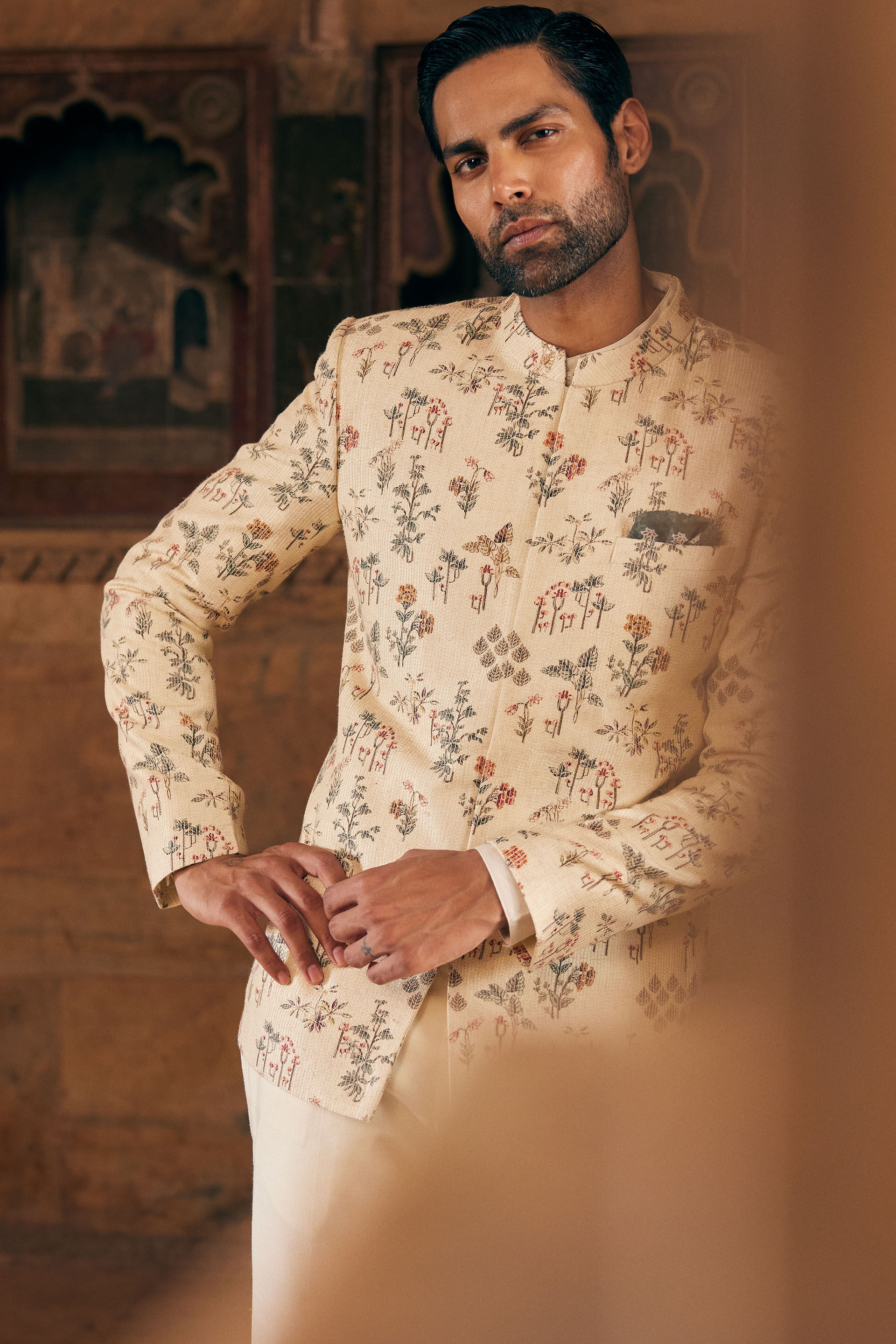 Suhan Printed Silk Bandhgala - Cream, Cream, image 7