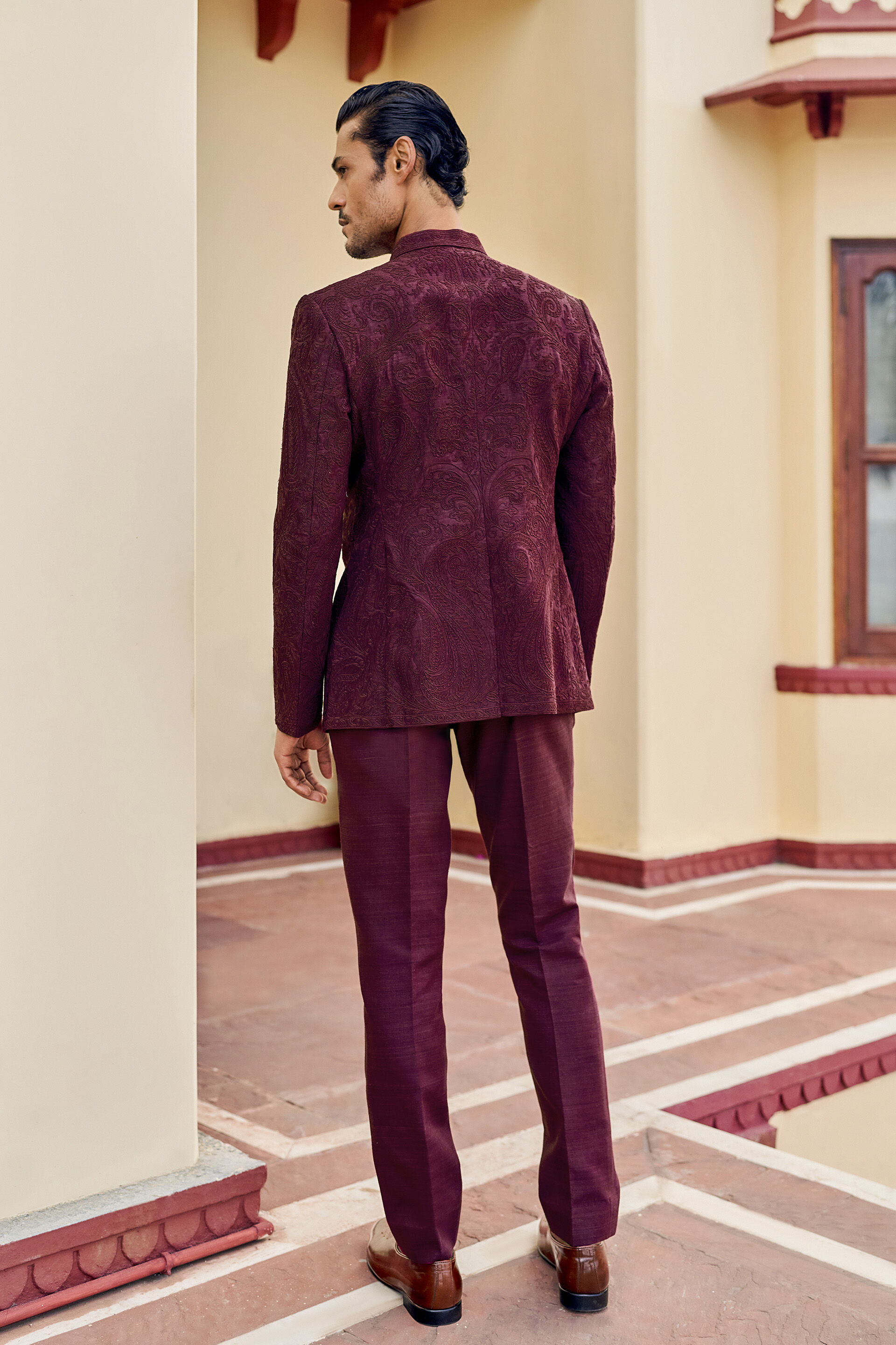 Heartfelt Embroidered Cord Silk Bandhgala - Wine
