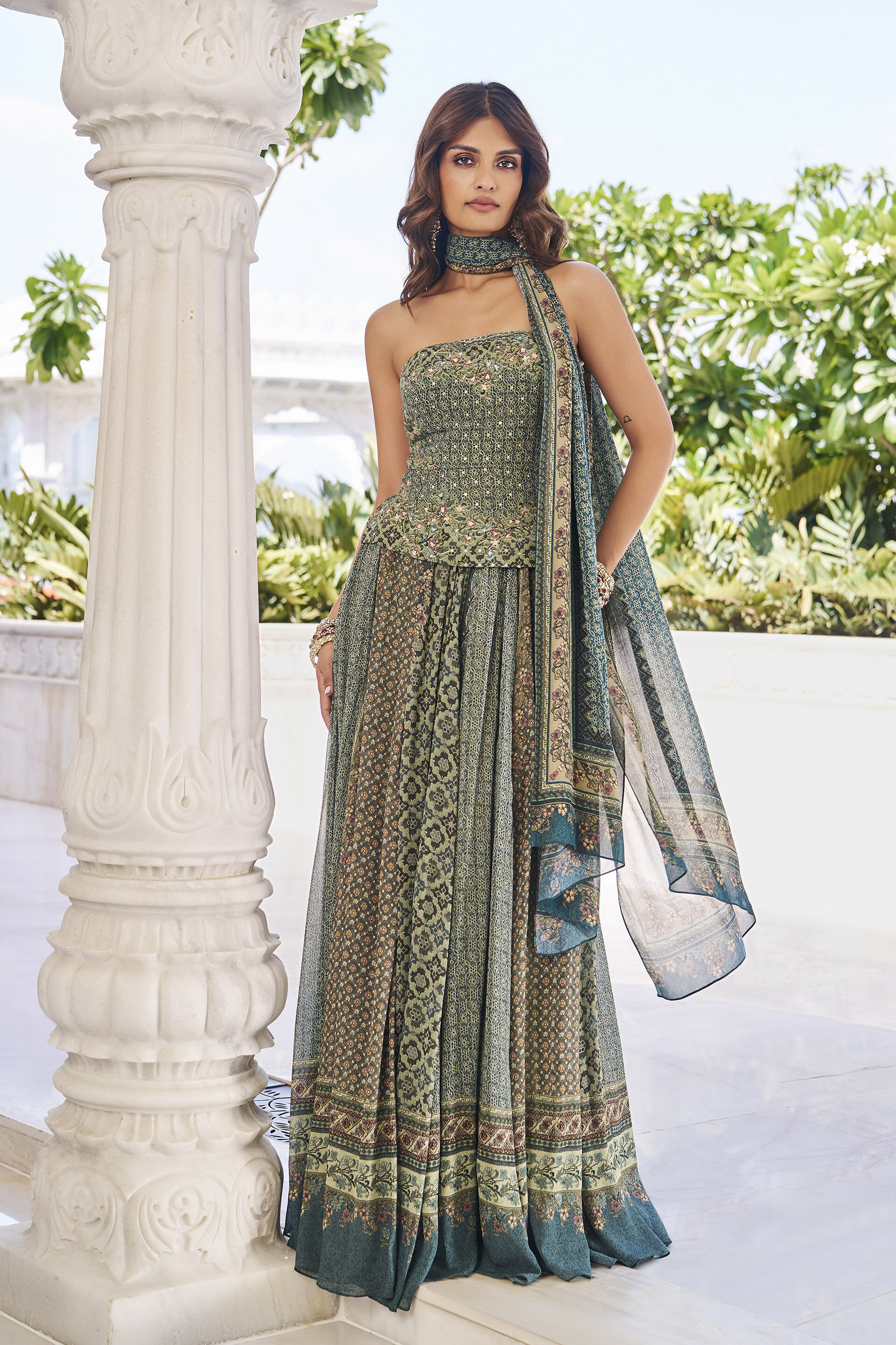 Gatherer Green Sequinned Skirt Set