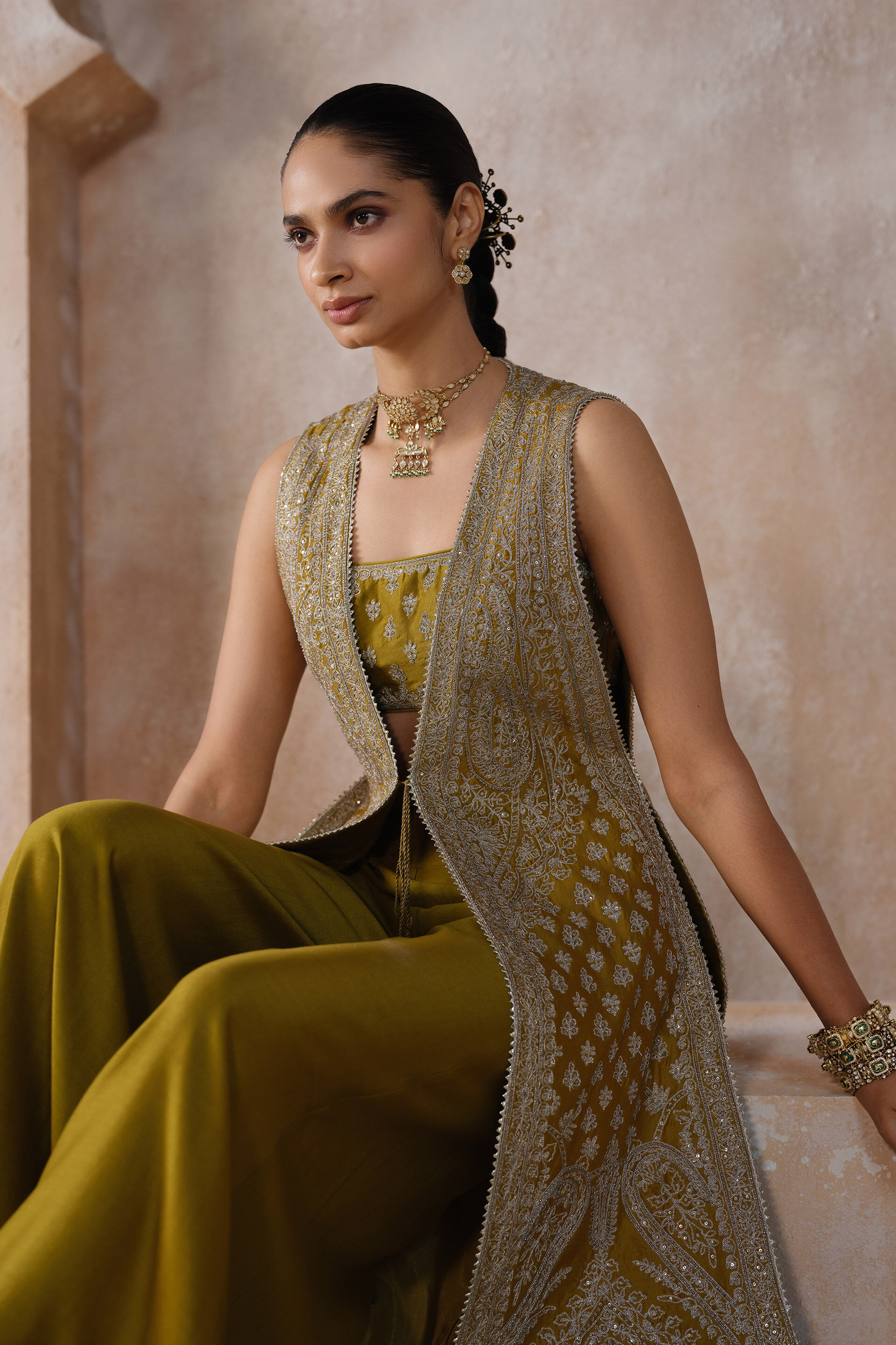 Saagnika Embroidered Silk Tabard Set - Olive, Olive, image 3