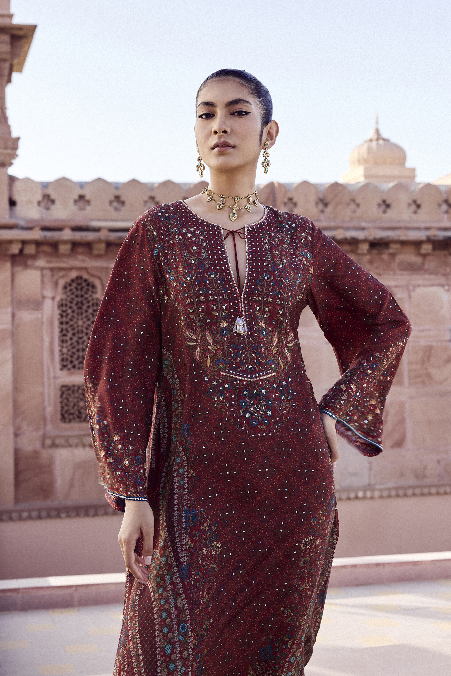 Amalaka Silk Kaftan - Deep Red, Red, image 4