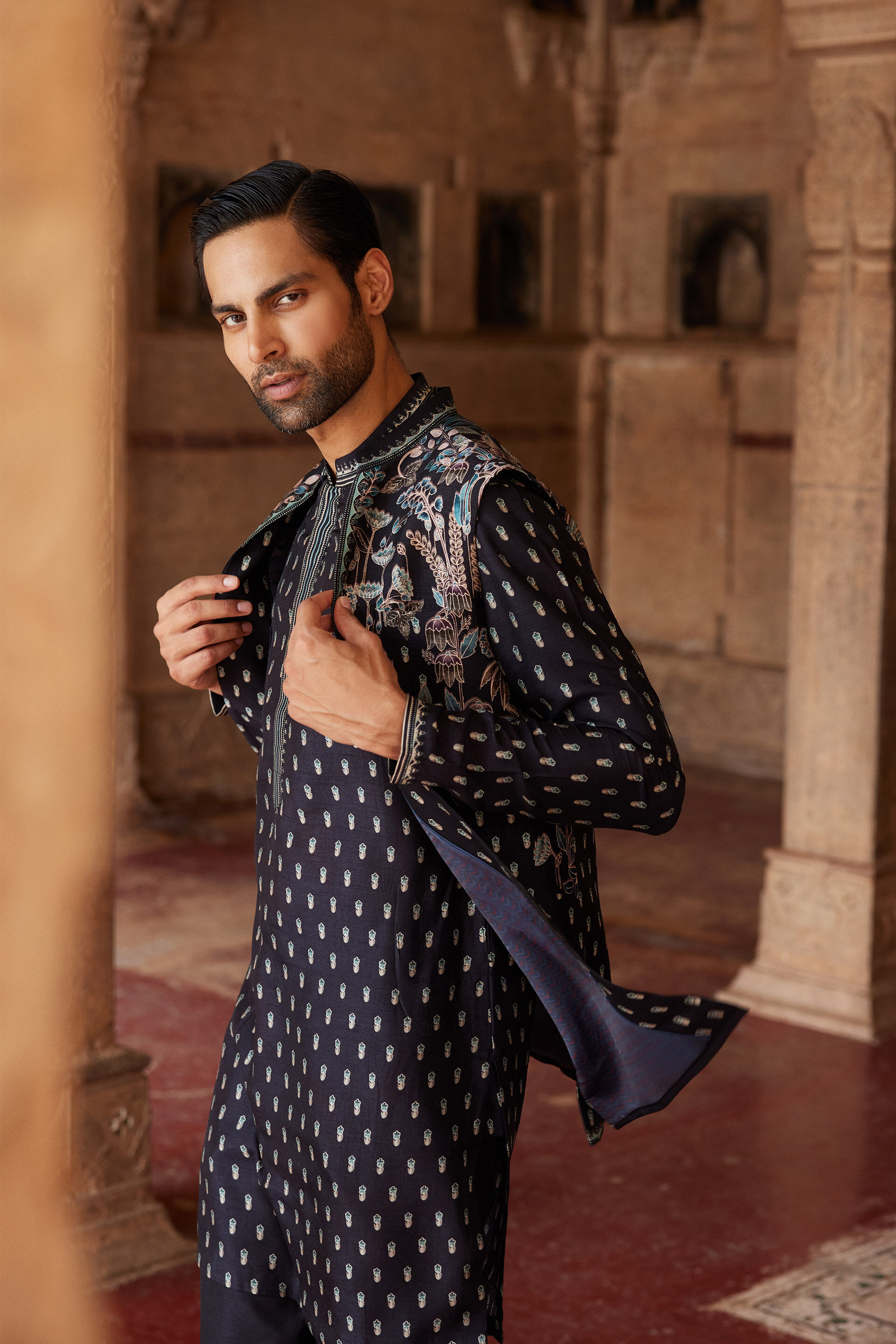 Saamir Printed Silk Nehru Jacket Black