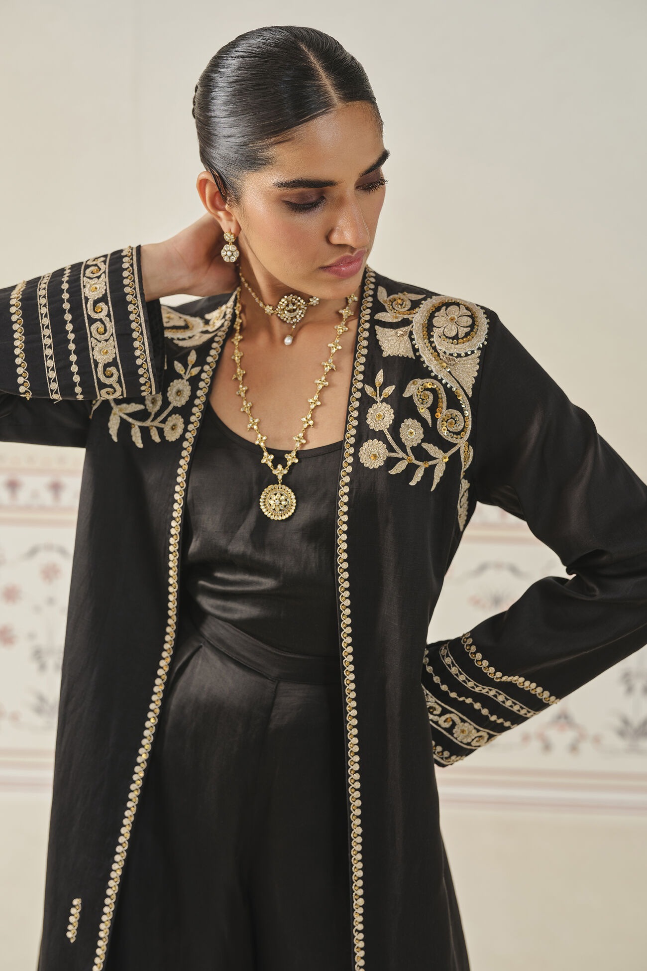 Saanjh Embroidered Cord Long Jacket Set - Black, Black, image 4