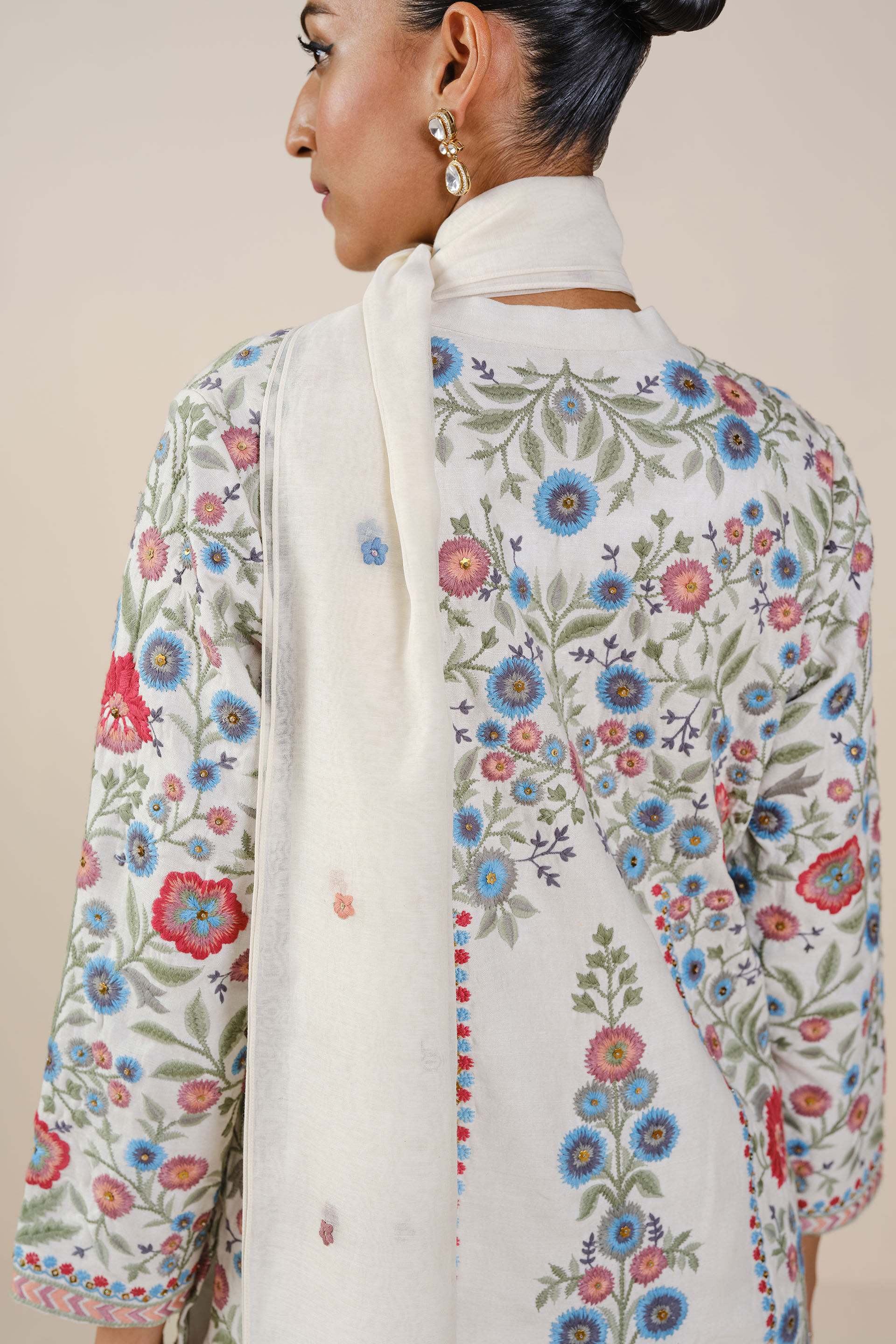 Galaxy of Flowers Embroidered Silk Suit Set - White, White, image 5