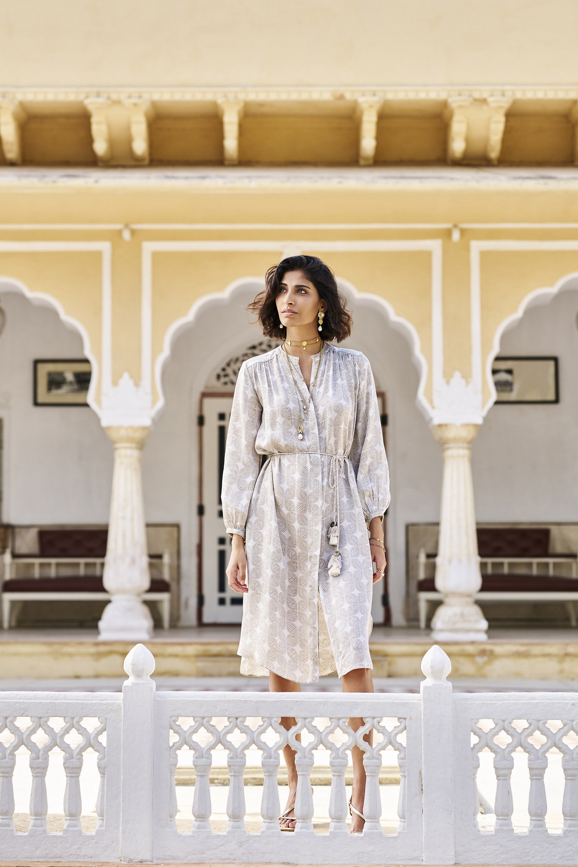 Fresco Hand-block Print & Gold Khadi Dress - Grey