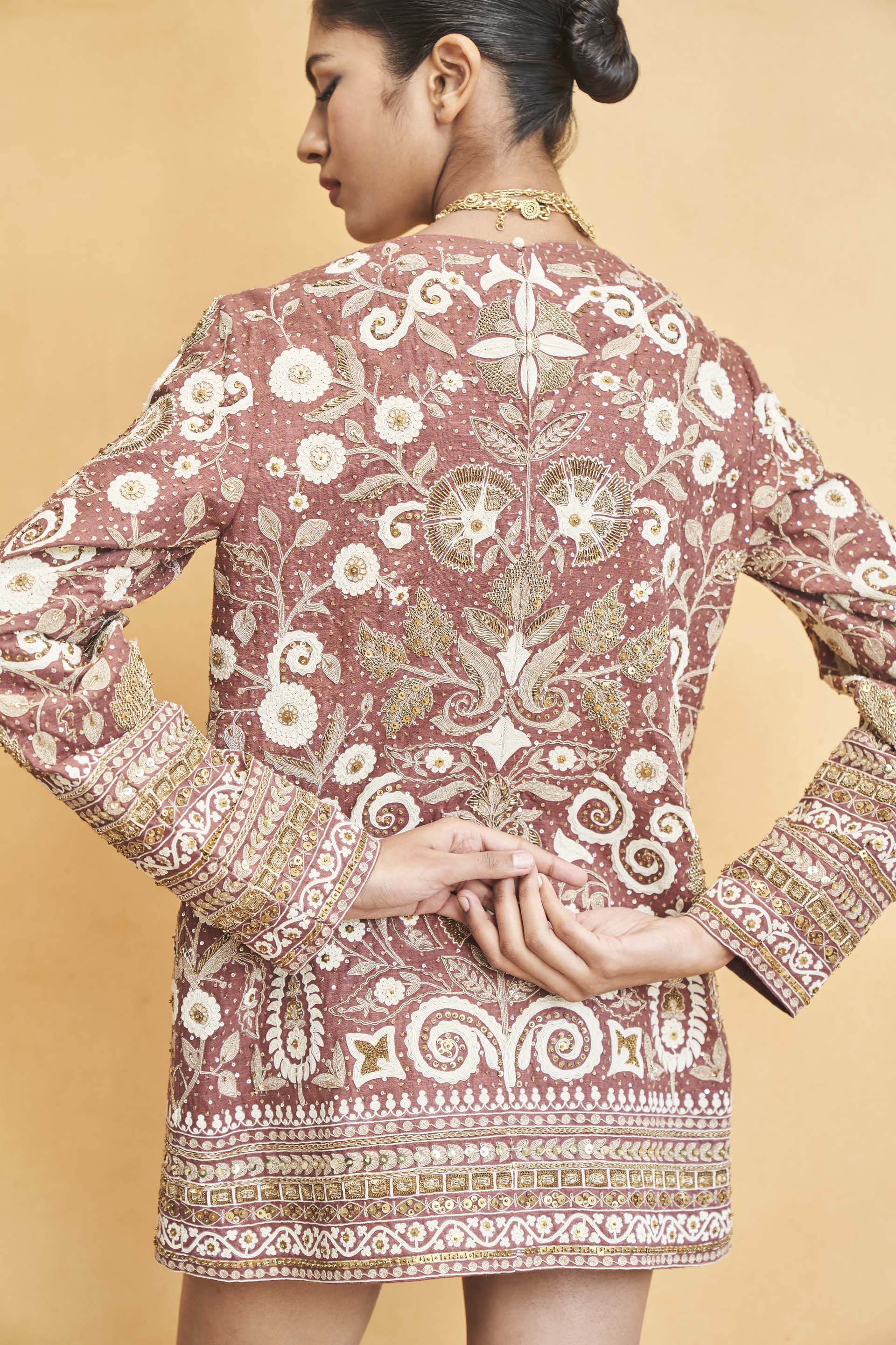 Stargazing Florals Embroidered Cord Silk Dress - Brown, Brown, image 5