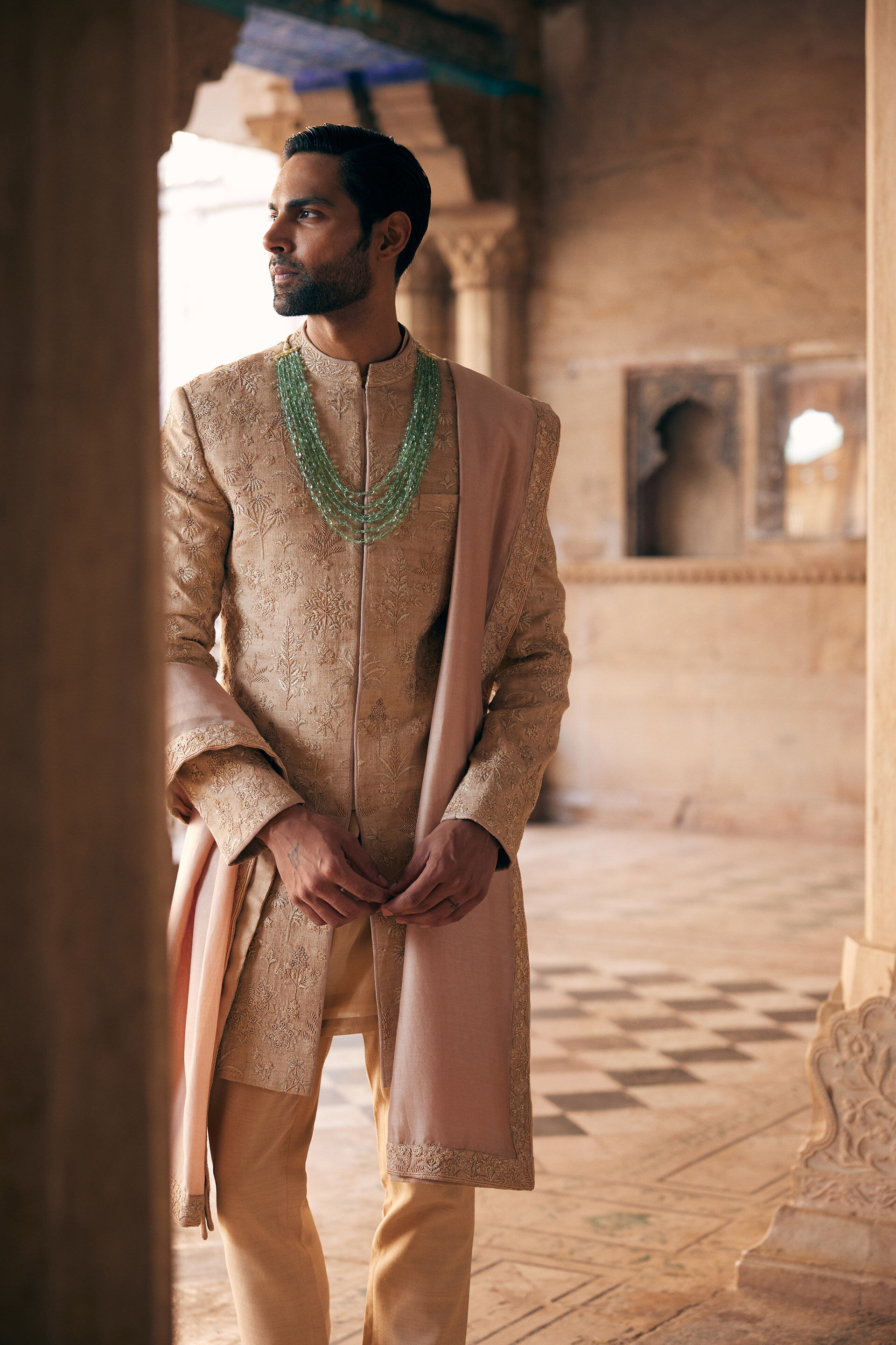 Zimraan Hand-embroidered Silk Sherwani - Beige, Beige, image 7