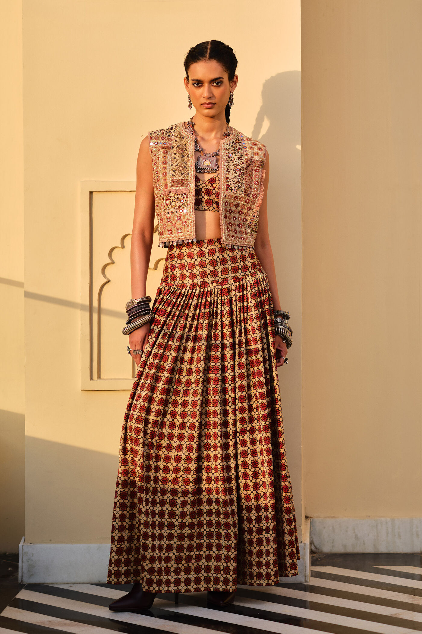 Poet Red Mirror Embroidered Ajrakh Skirt Set