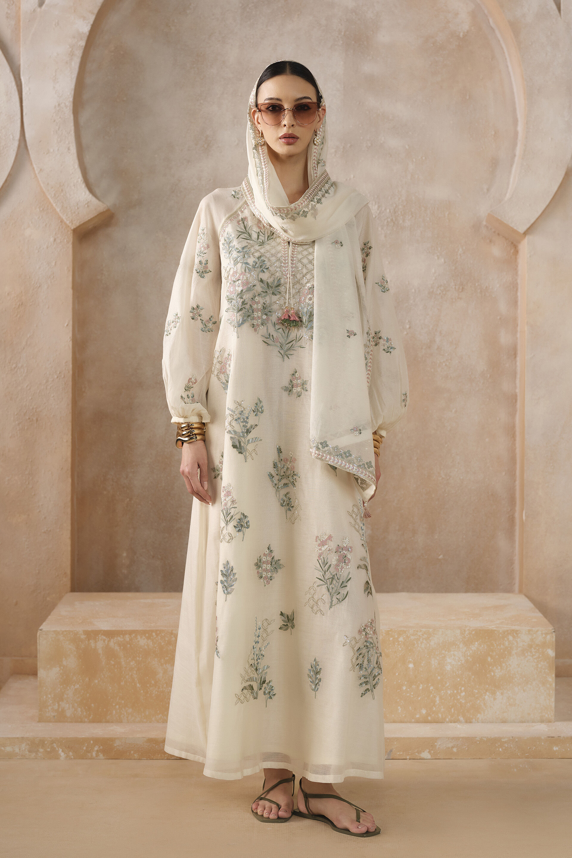 Siobhan Embroidered Mul Kaftan - Ivory