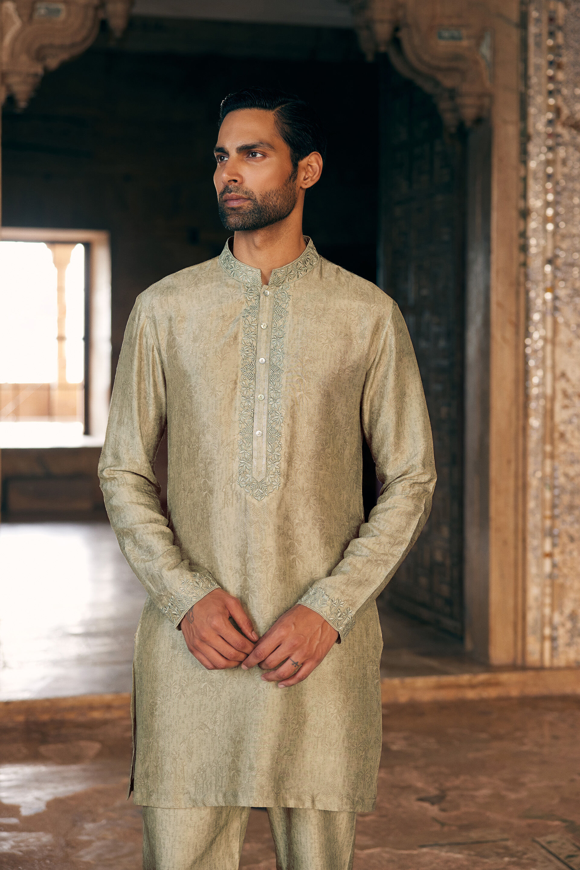Hiranmay Printed Silk Kurta - Sage, Sage, image 3