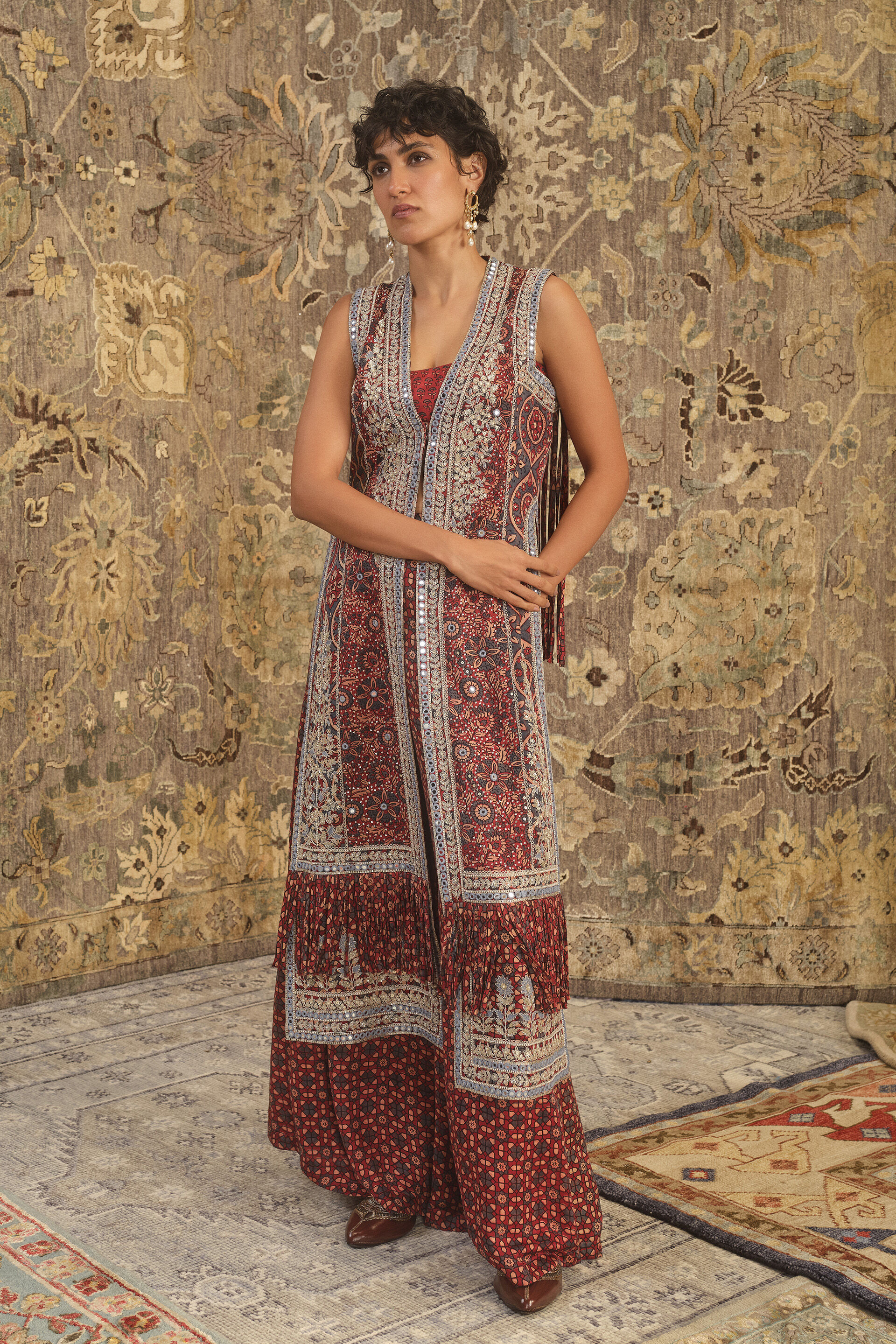 Bhuvi Ajrakh Hand-block Printed Fringe Silk Tabard Set  - Red