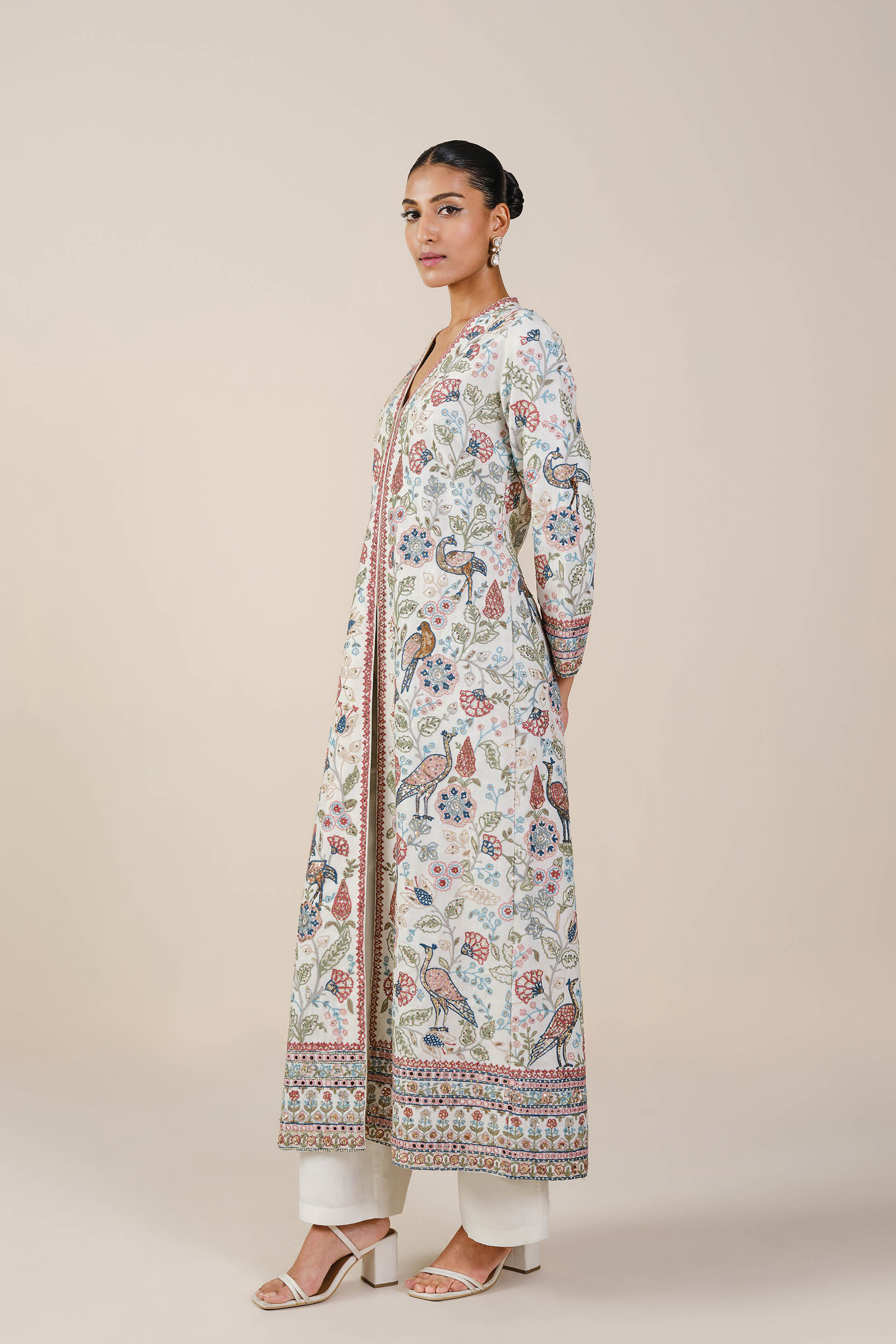 Paradise Of Flowers SEWA Hand-embroidered Silk Jacket Set - Ivory