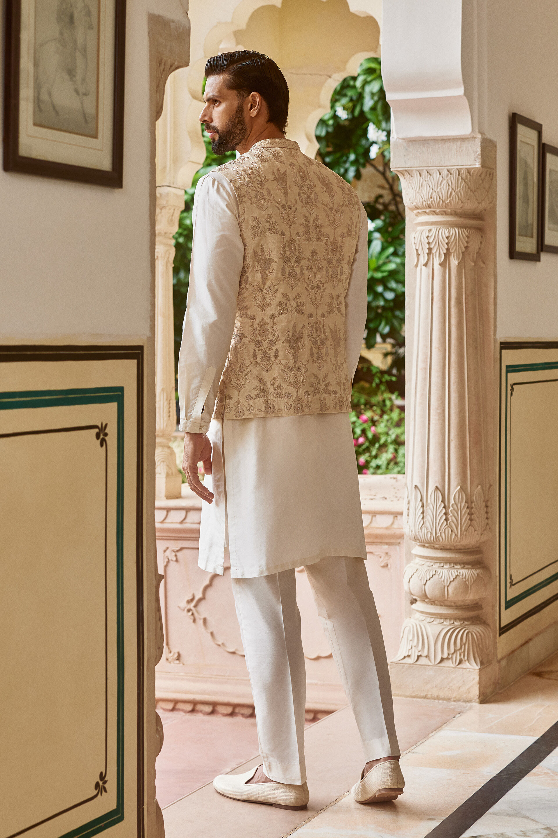Samar Embroidered Silk Nehru Jacket - Cream