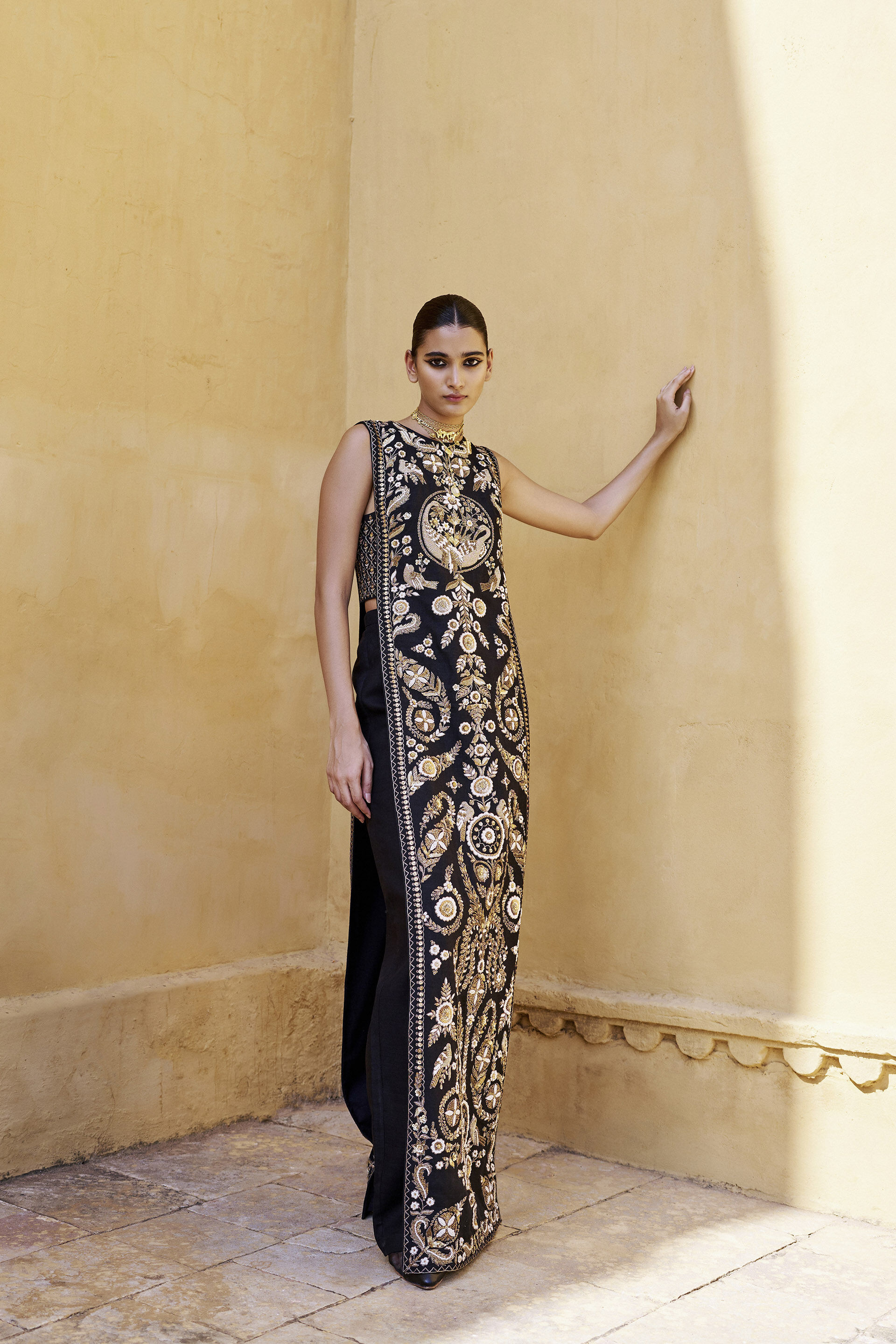 From The Wilderness Embroidered Zardozi Silk Tabard Set - Black, Black, image 2