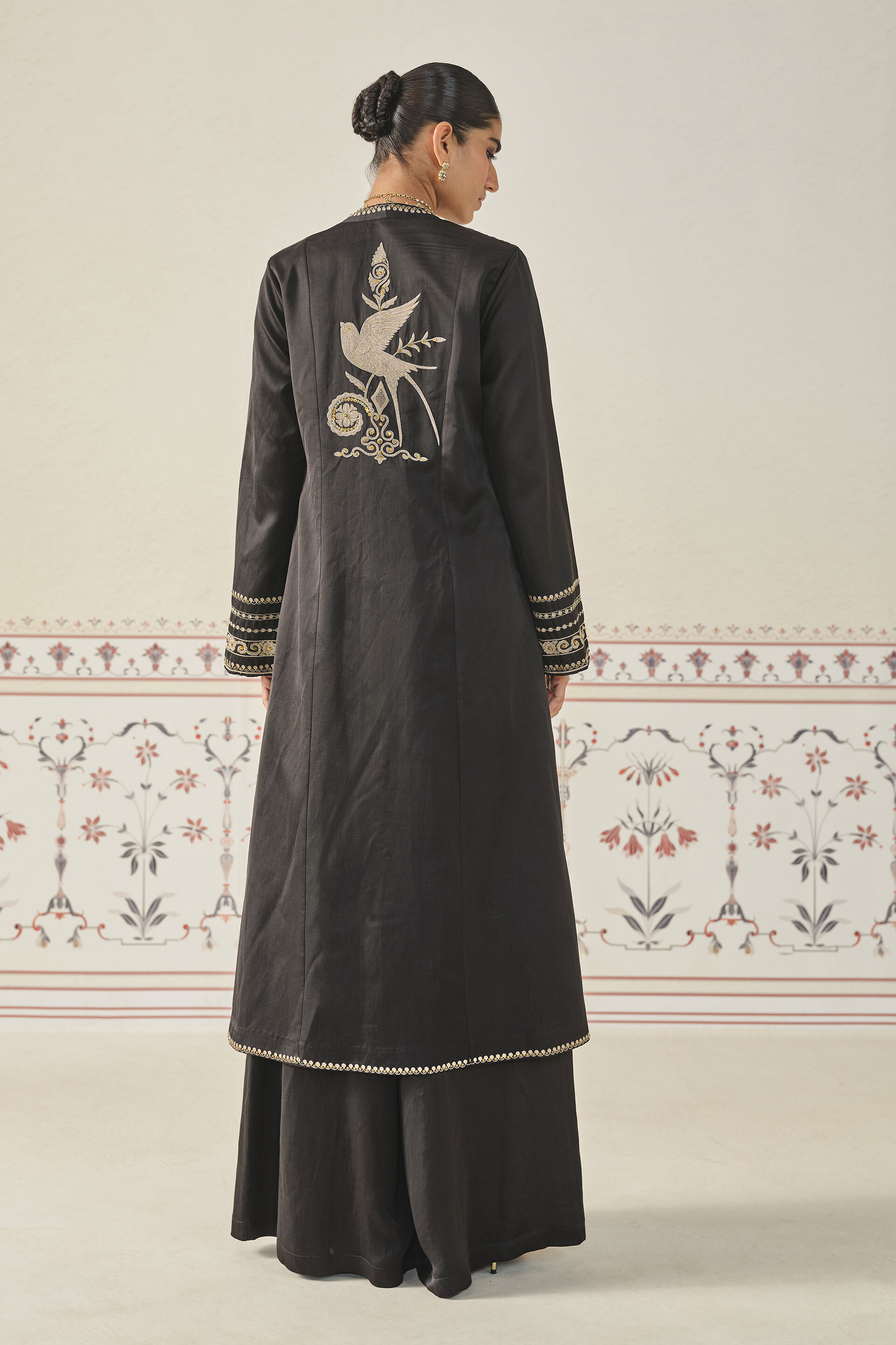Saanjh Embroidered Cord Long Jacket Set - Black