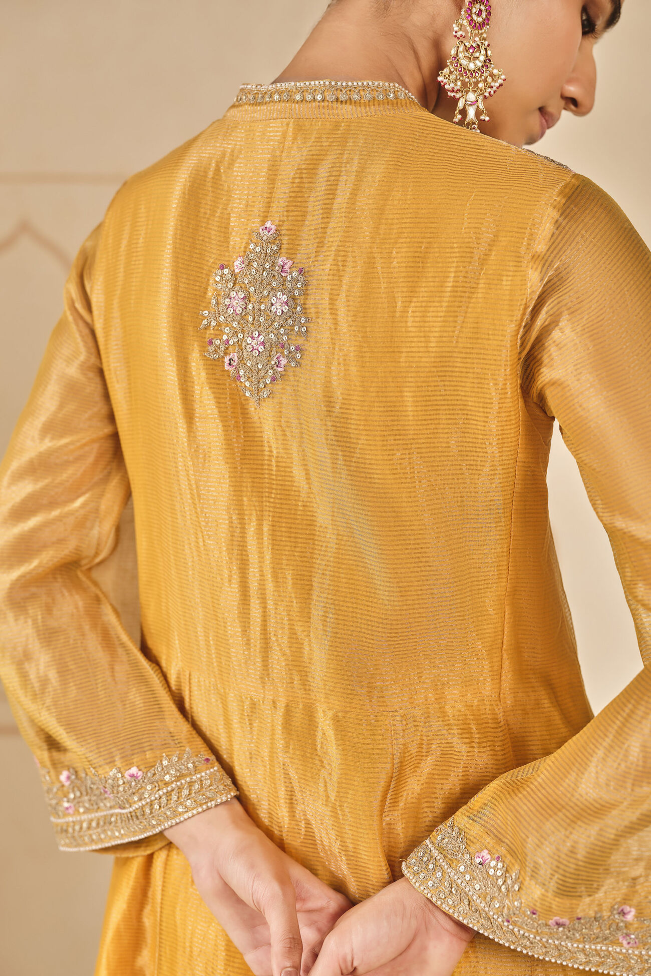 Azha Embroidered Zardozi Silk Jacket Set - Yellow, Yellow, image 6