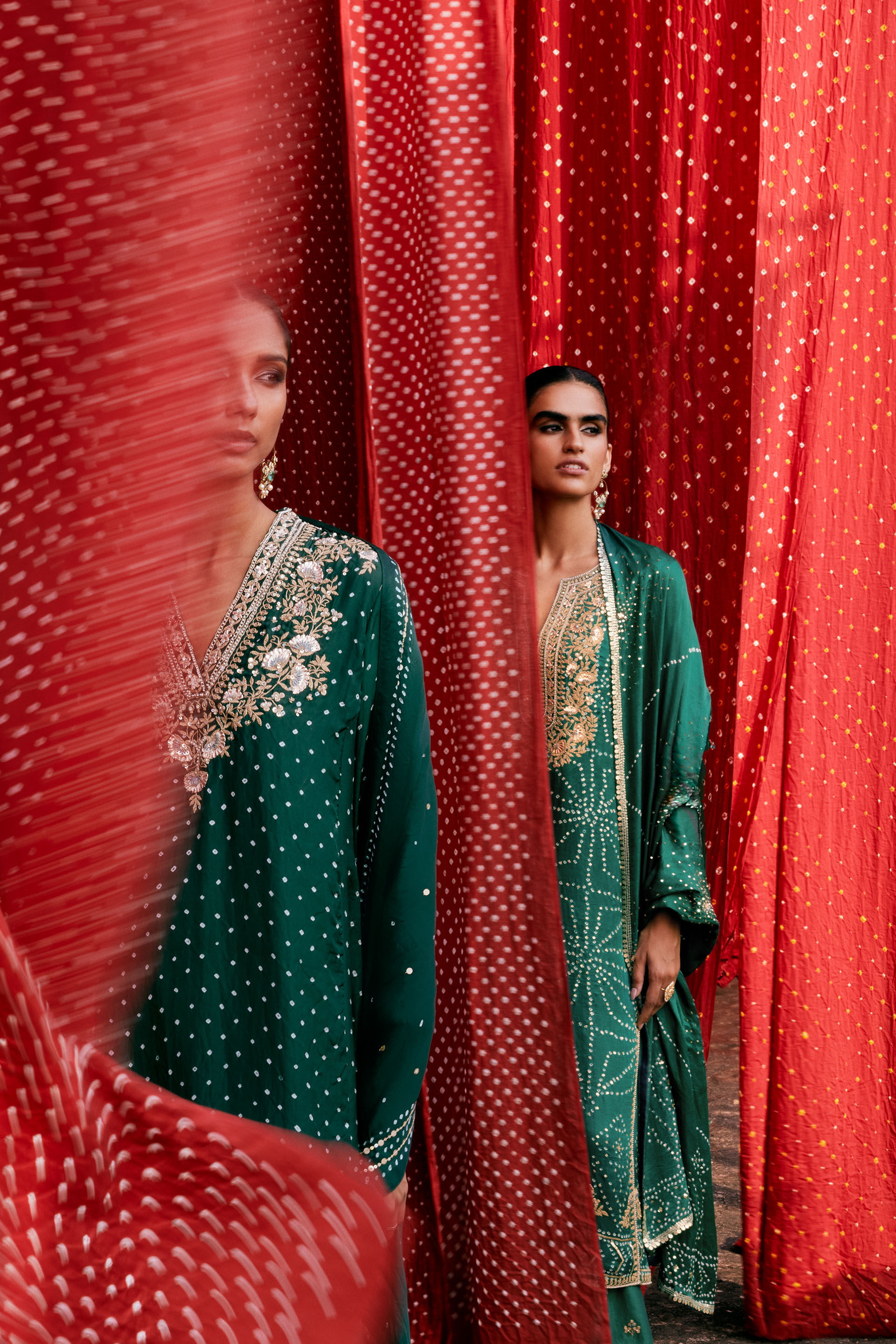 Piroska Handcrafted Bandhani Silk Suit Set - Green, Green, image 6