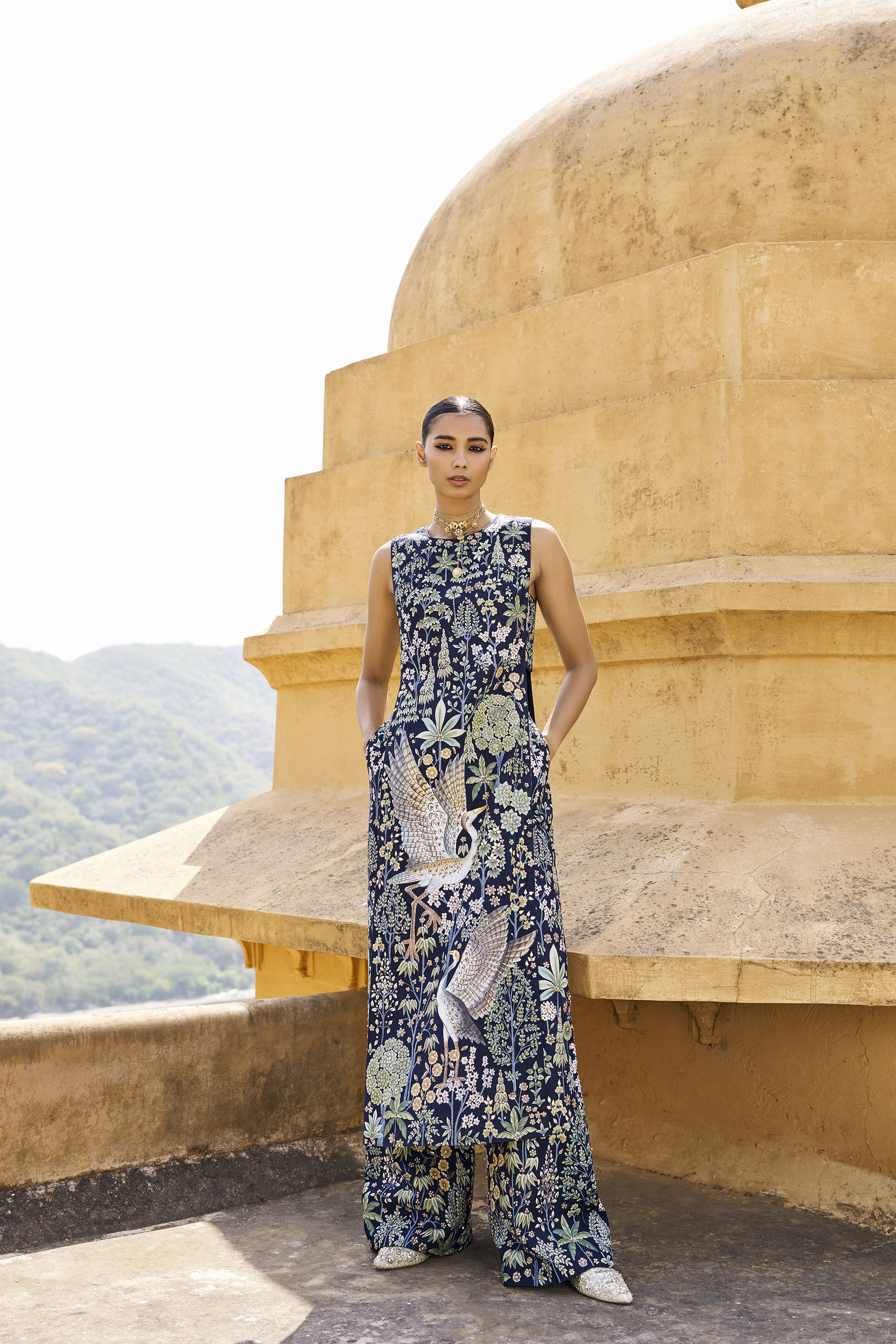 Flamingos In Flight Hand-painted Pichhwai Silk Set - Blue