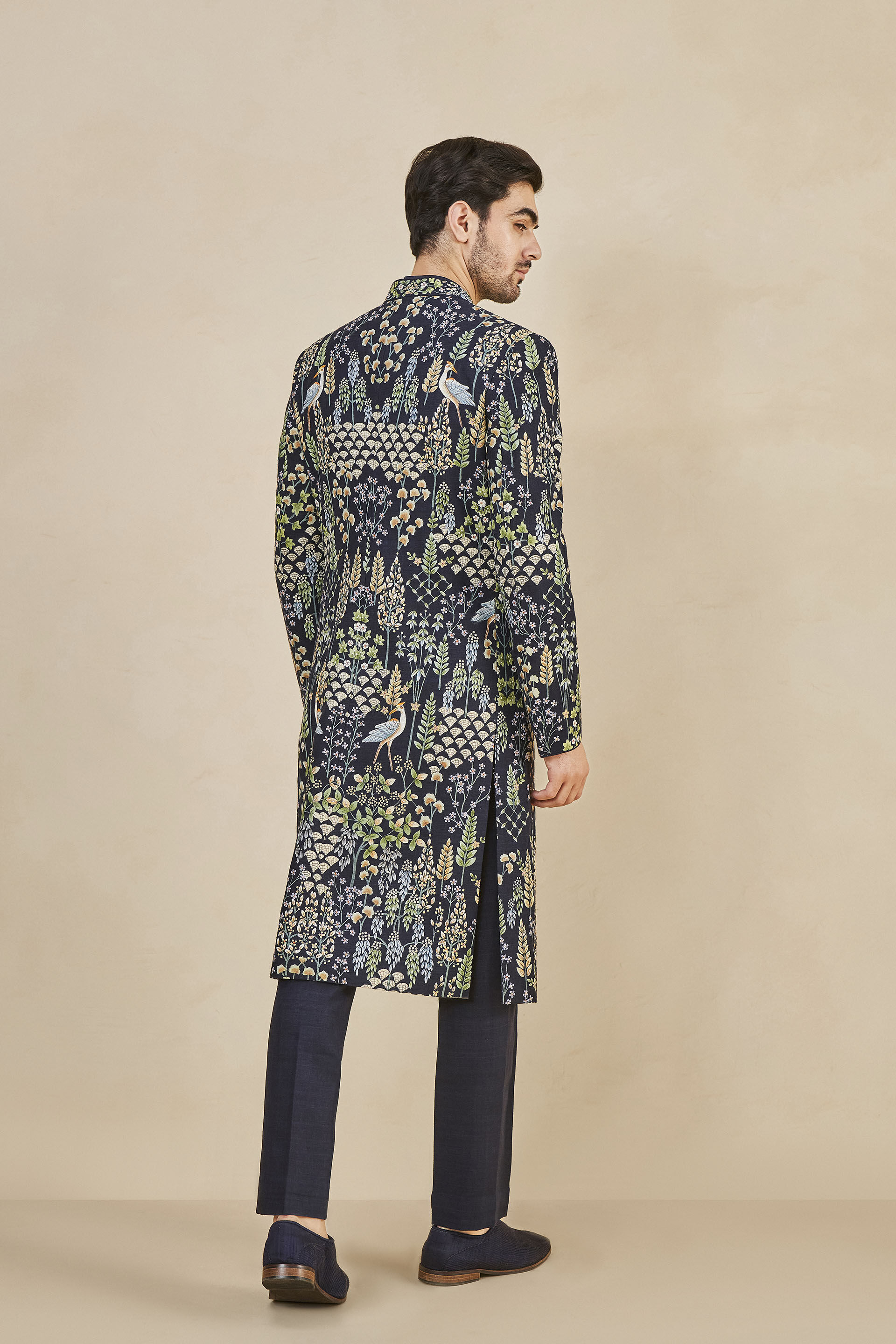 Fardan Hand-painted Pichhwai Silk Sherwani - Navy, Navy, image 3