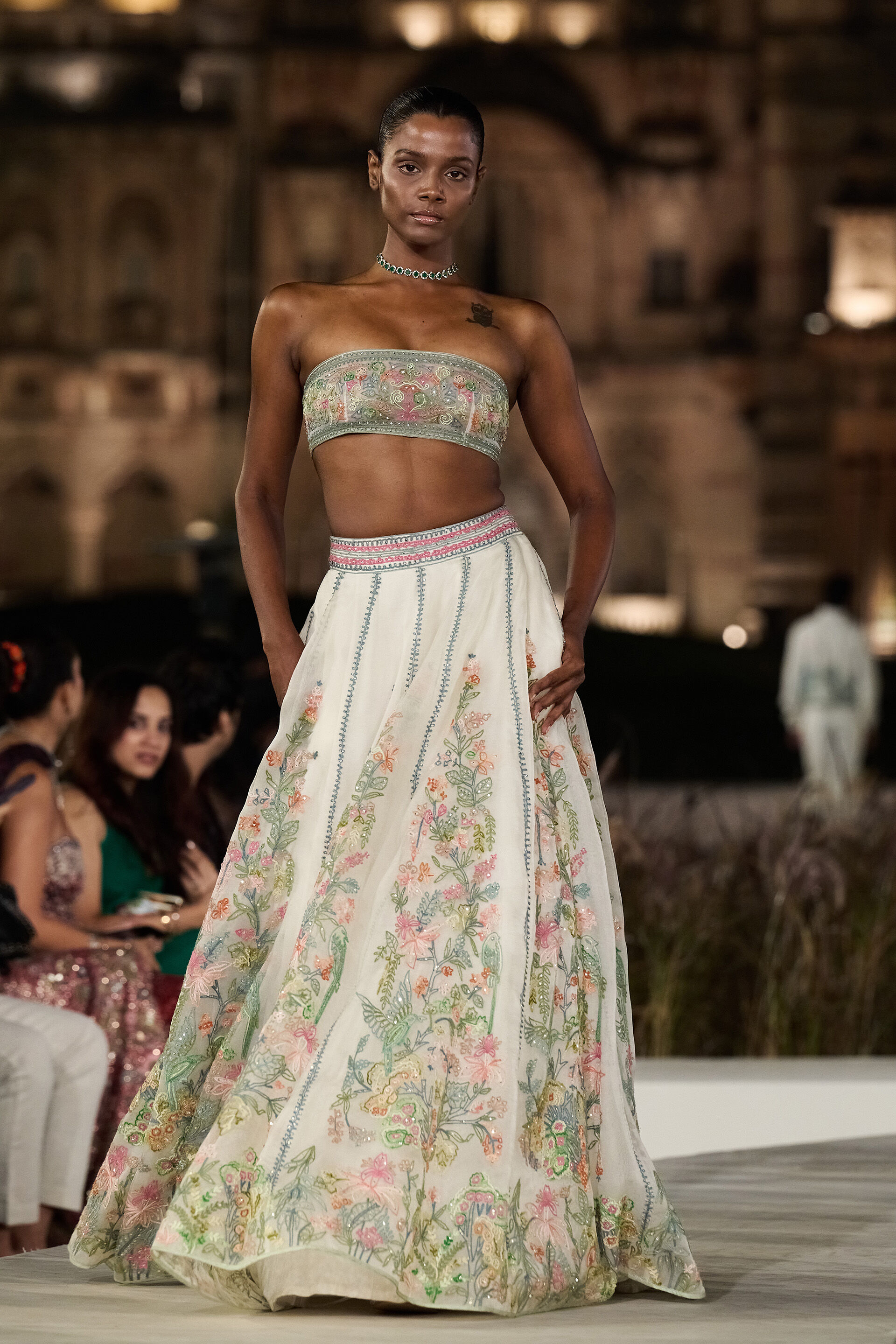 Shawnis Hand-embroidered SEWA Silk Skirt Set - Ivory