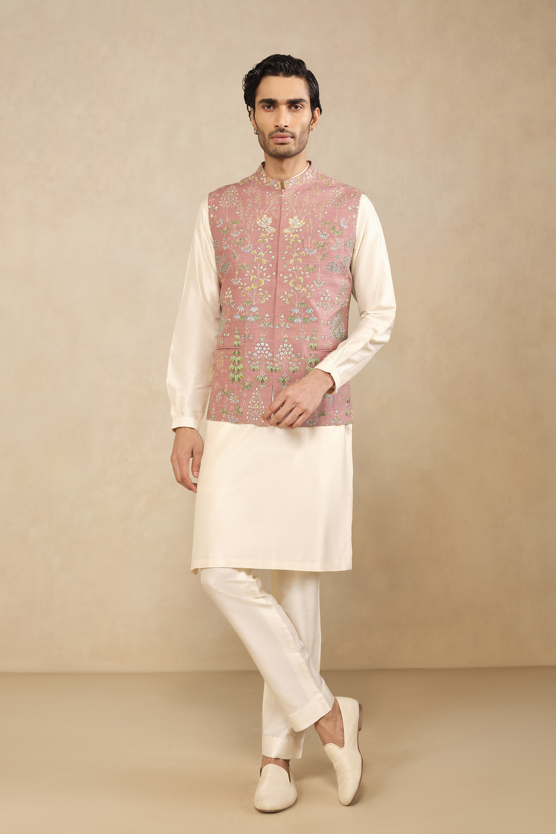 Aziz Hand-painted Pichhwai Silk Nehru Jacket -  Old Rose
