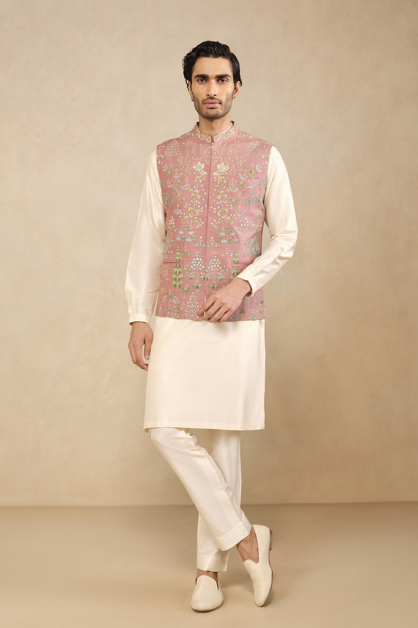 Aziz Hand-painted Pichhwai Silk Nehru Jacket - Old Rose