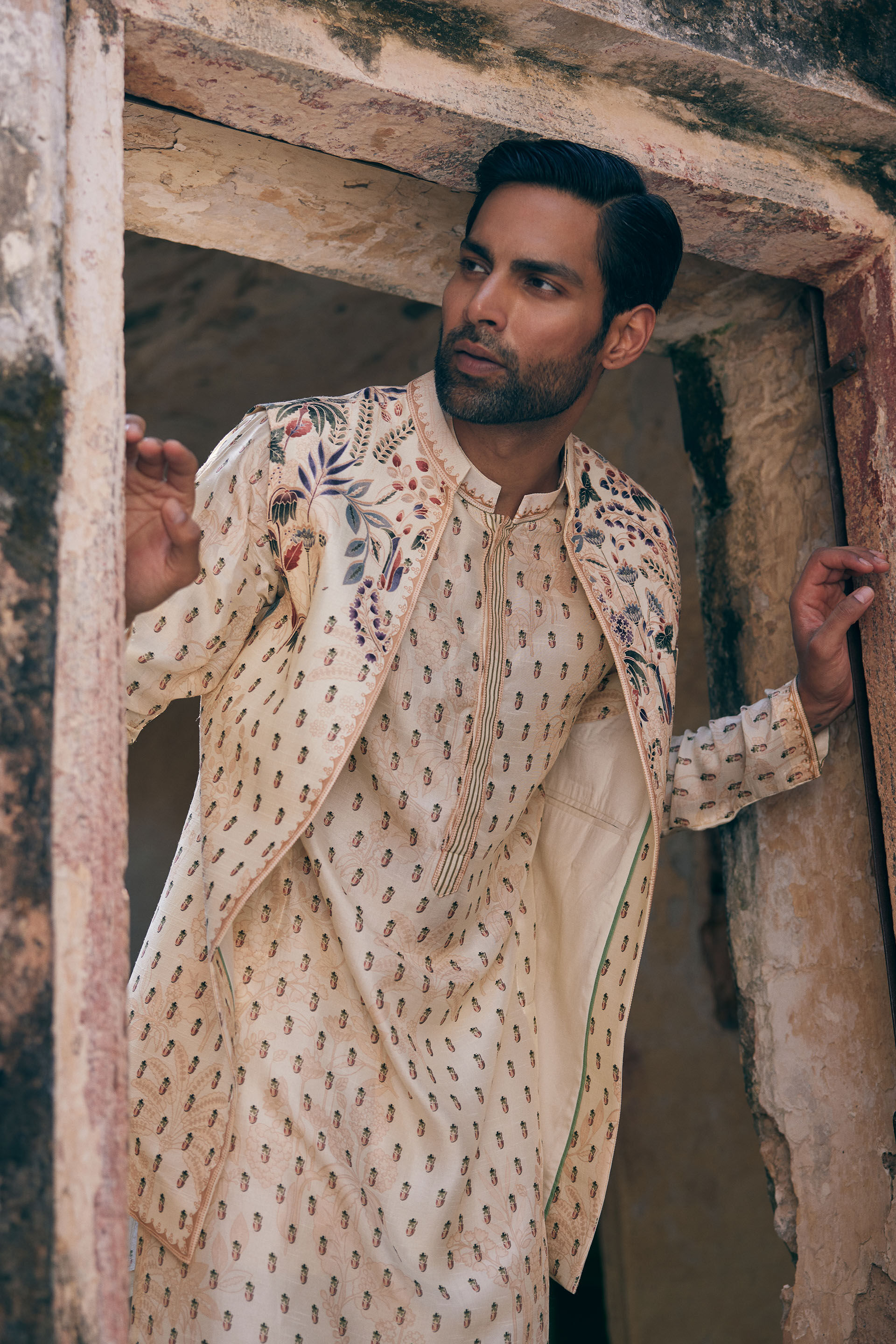 Kalhar Printed Silk Nehru Jacket - Ivory, Ivory, image 6