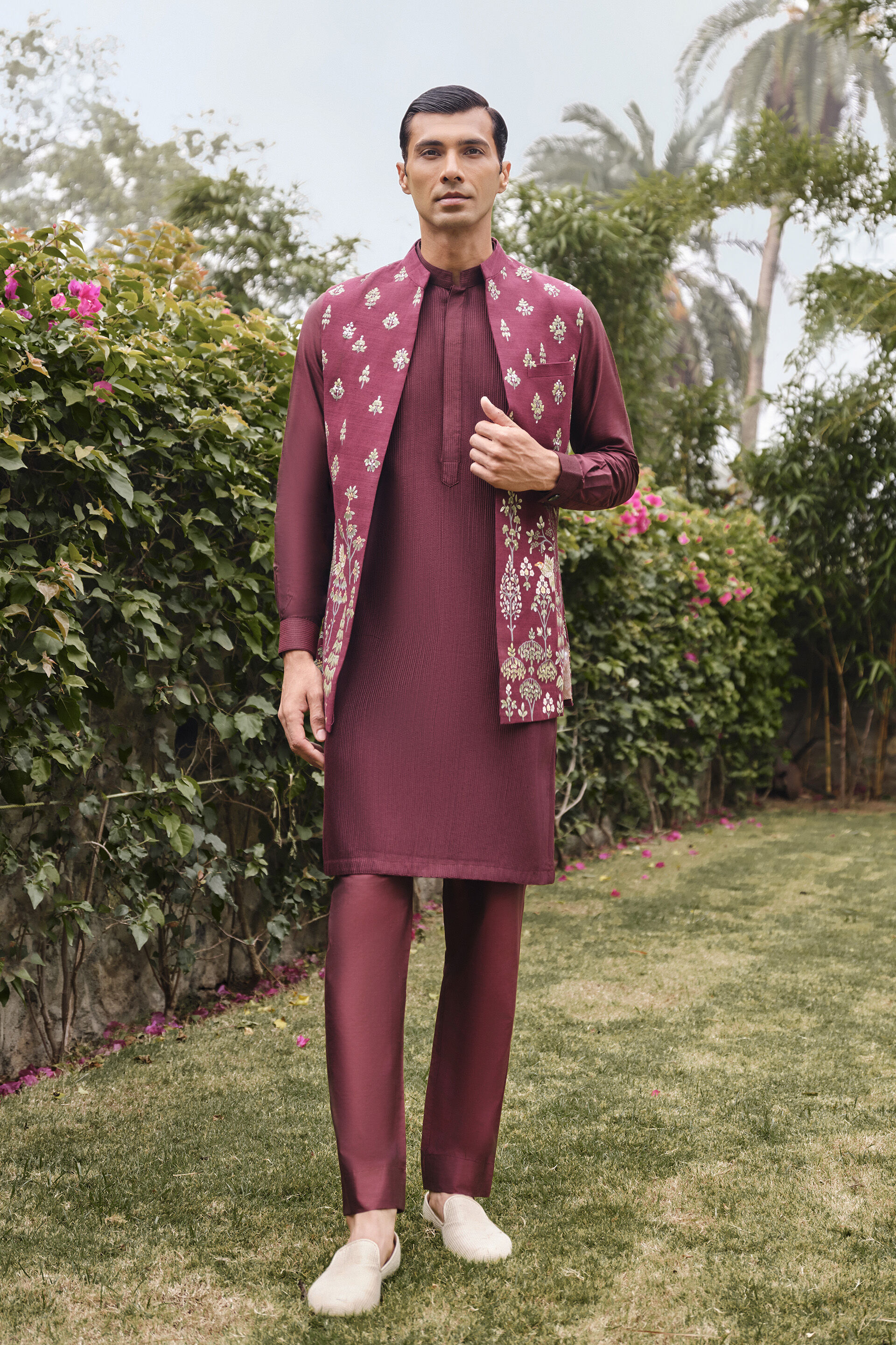 Springtime Hand-painted Pichhwai Silk Nehru Jacket - Wine