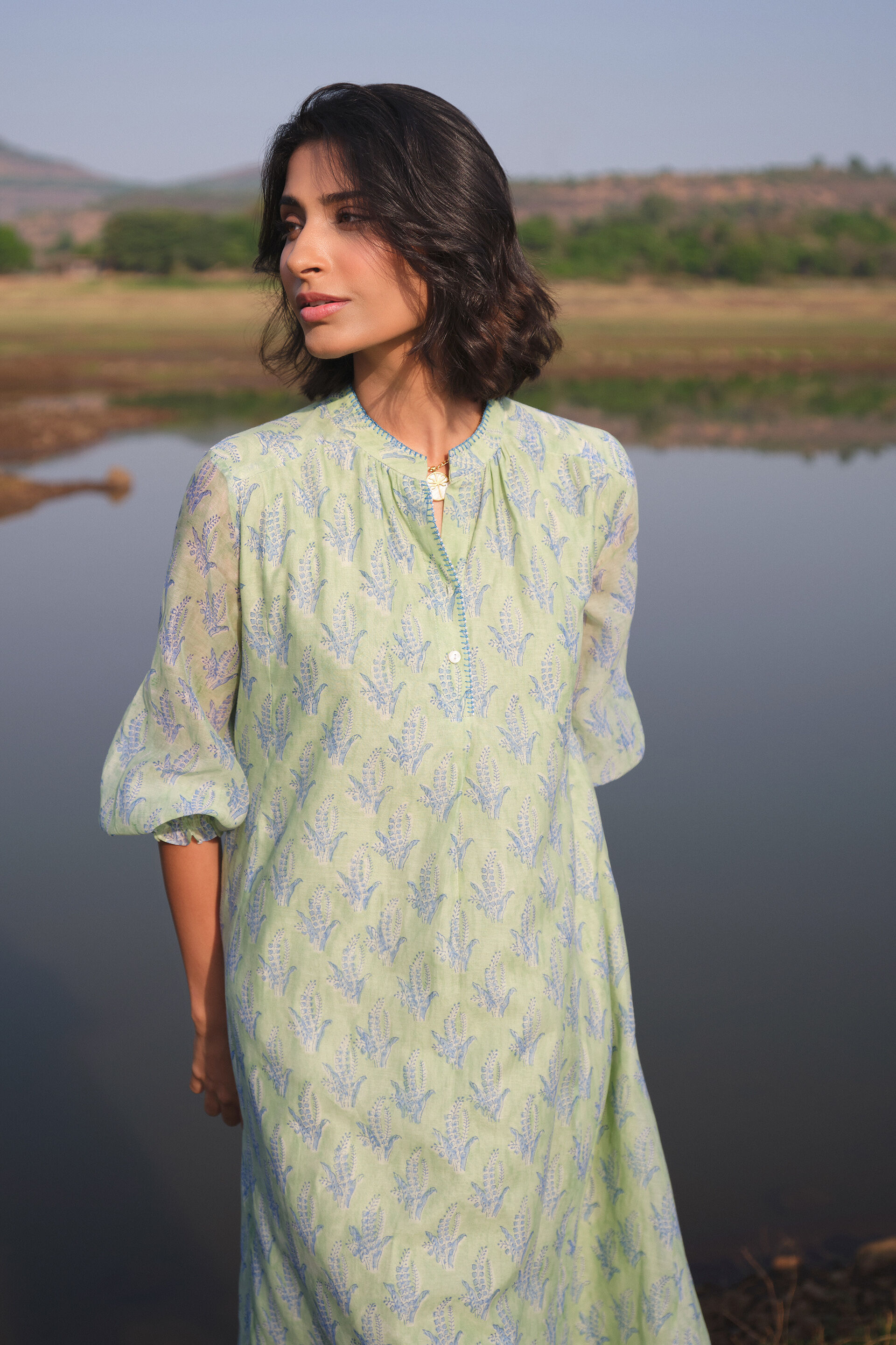Treeline Hand-block Printed Mul Dress - Sage, Sage, image 4
