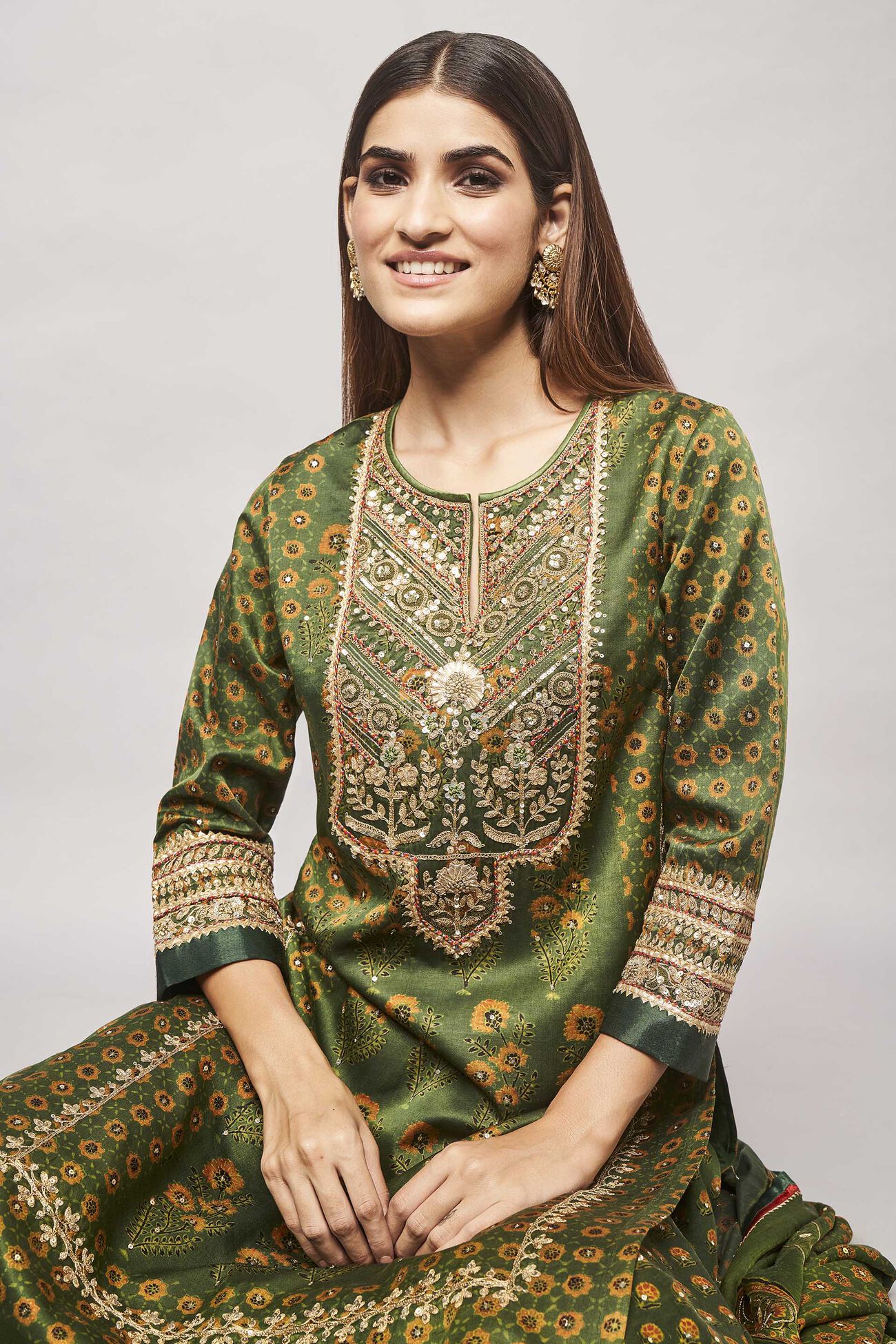 Tarita Ajrakh Sharara Set, Emerald Green, image 4