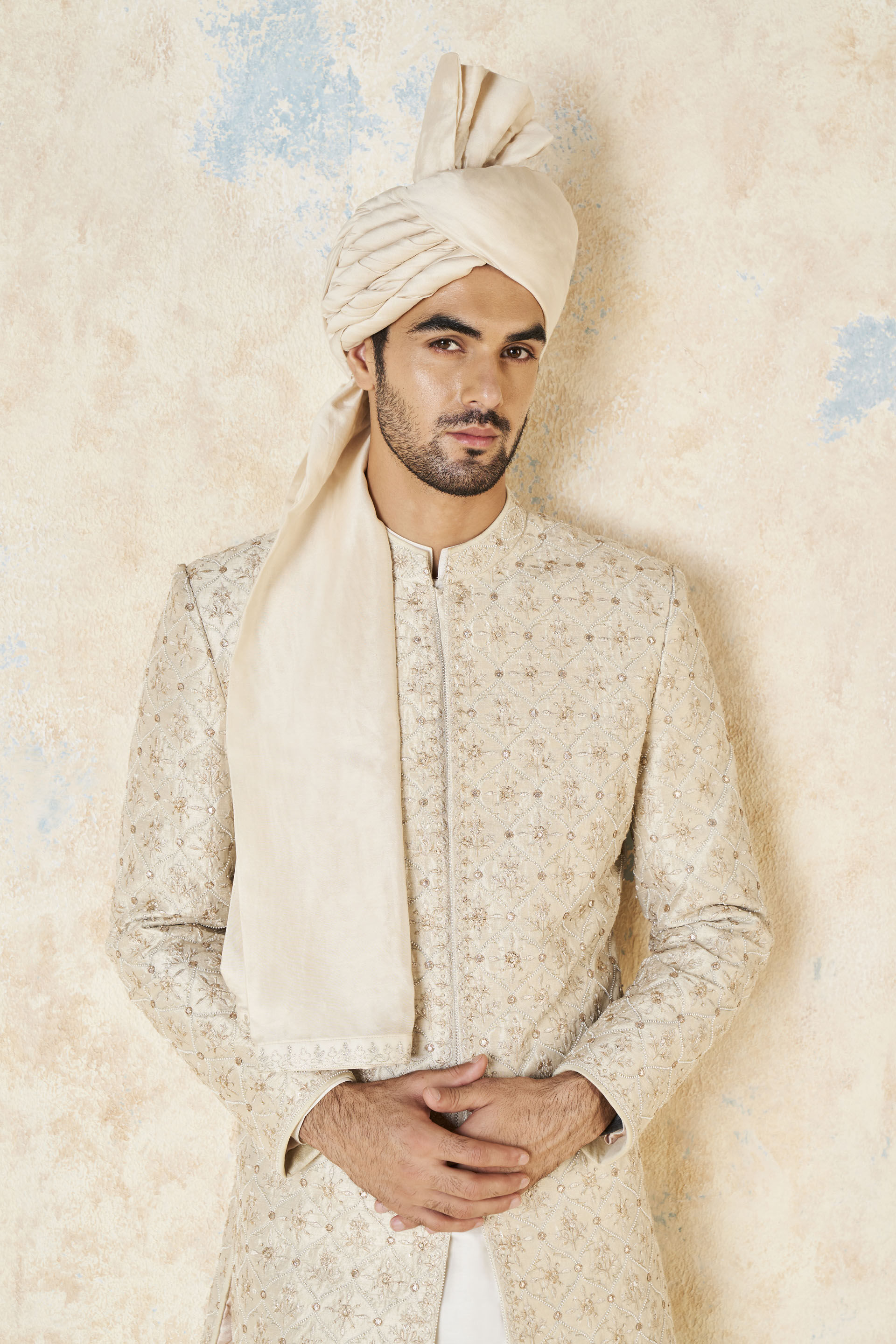 Ainesh Gota Patti & Aari Silk Sherwani - Ivory, Ivory, image 6