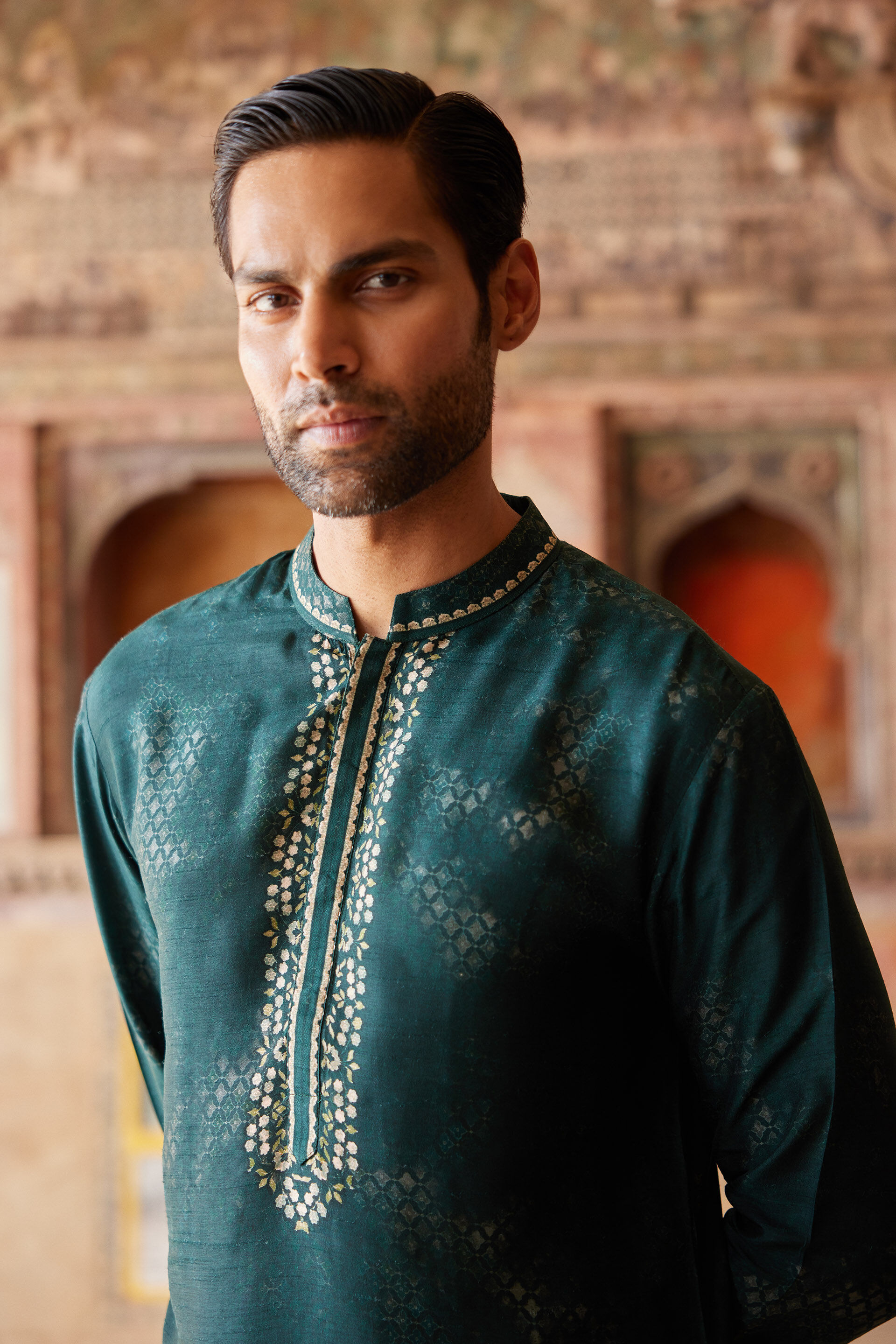 Khidr Printed Silk Kurta - Green, Green, image 3