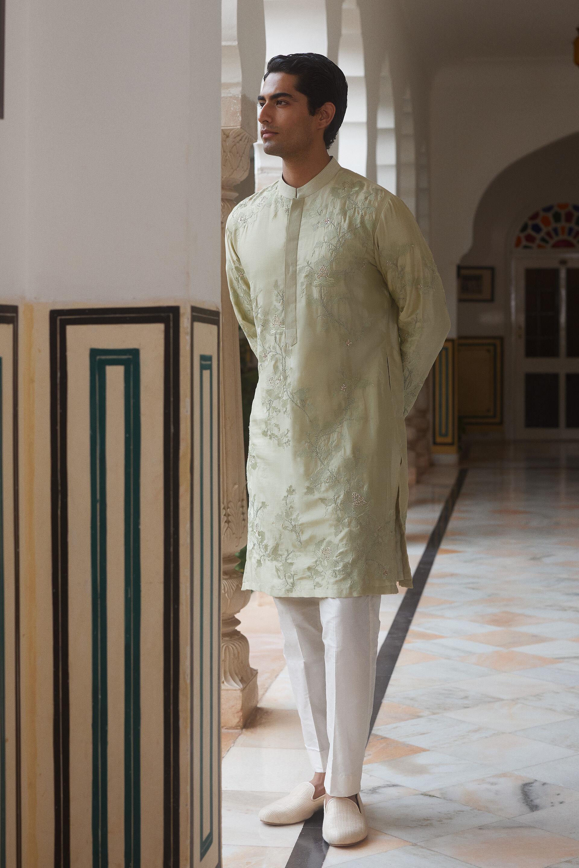 Dharv Embroidered Silk Kurta - Sage