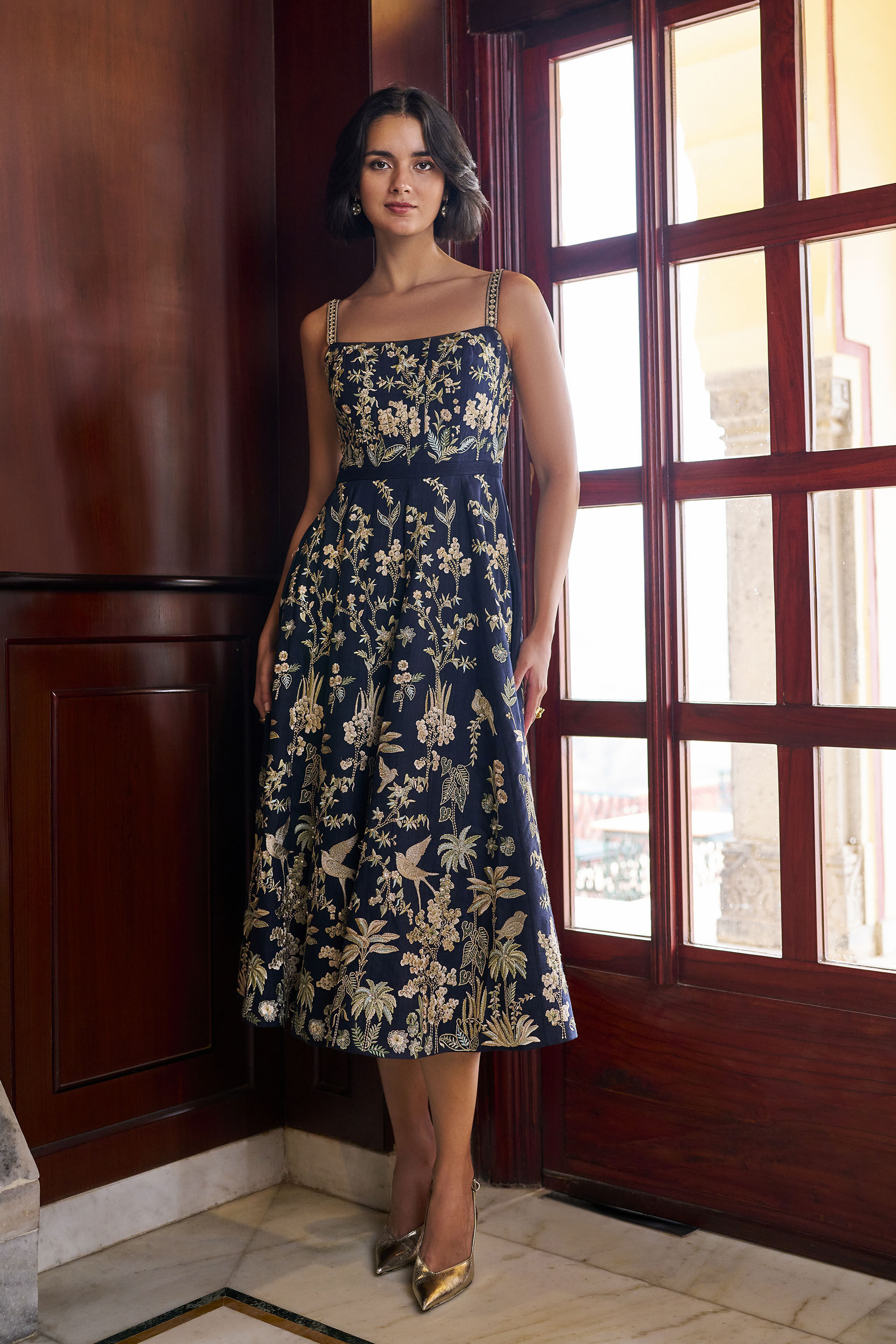 Sonnet Embroidered Zardozi Silk Dress - ​Navy