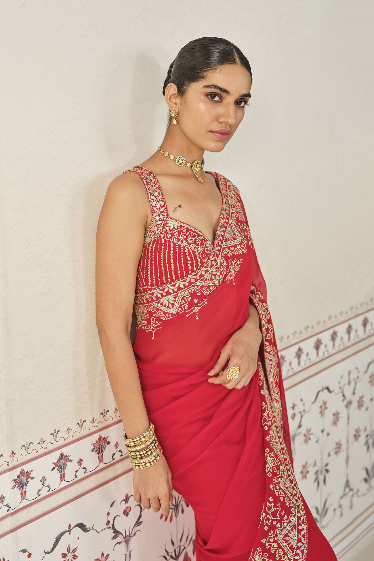 Shyena Gota Patti Georgette Saree - Red, Red, image 5