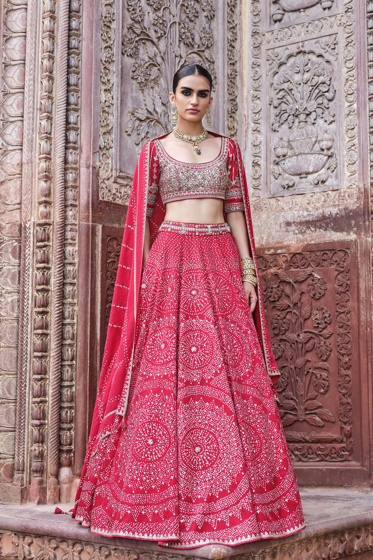 Raya Handcrafted Bandhani Silk Lehenga Set - Red, Red, image 1