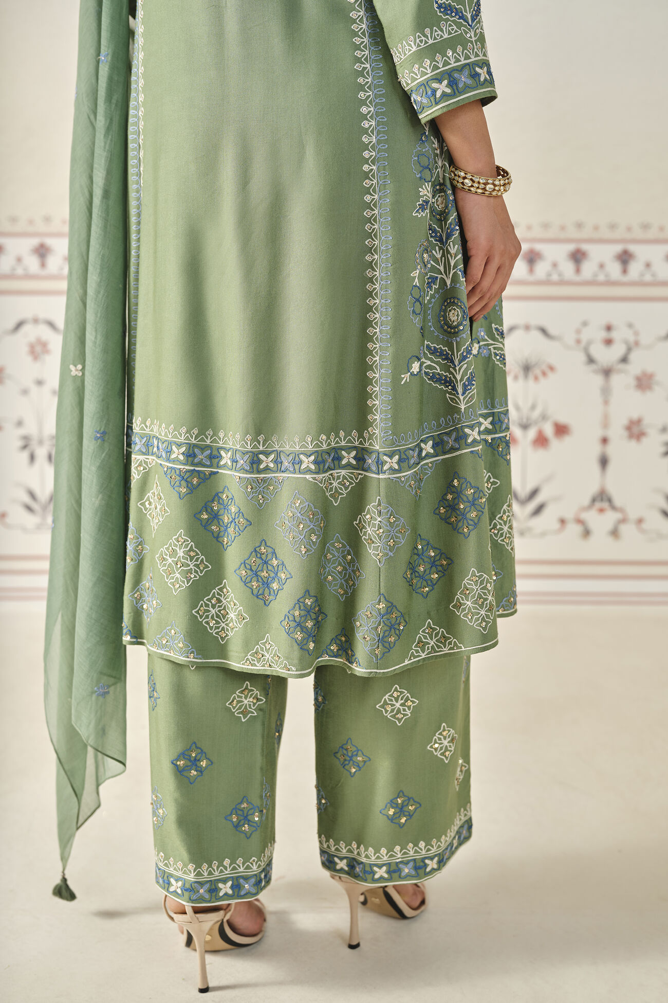 Anedya Kantha Silk Suit Set - Sage, Sage, image 7