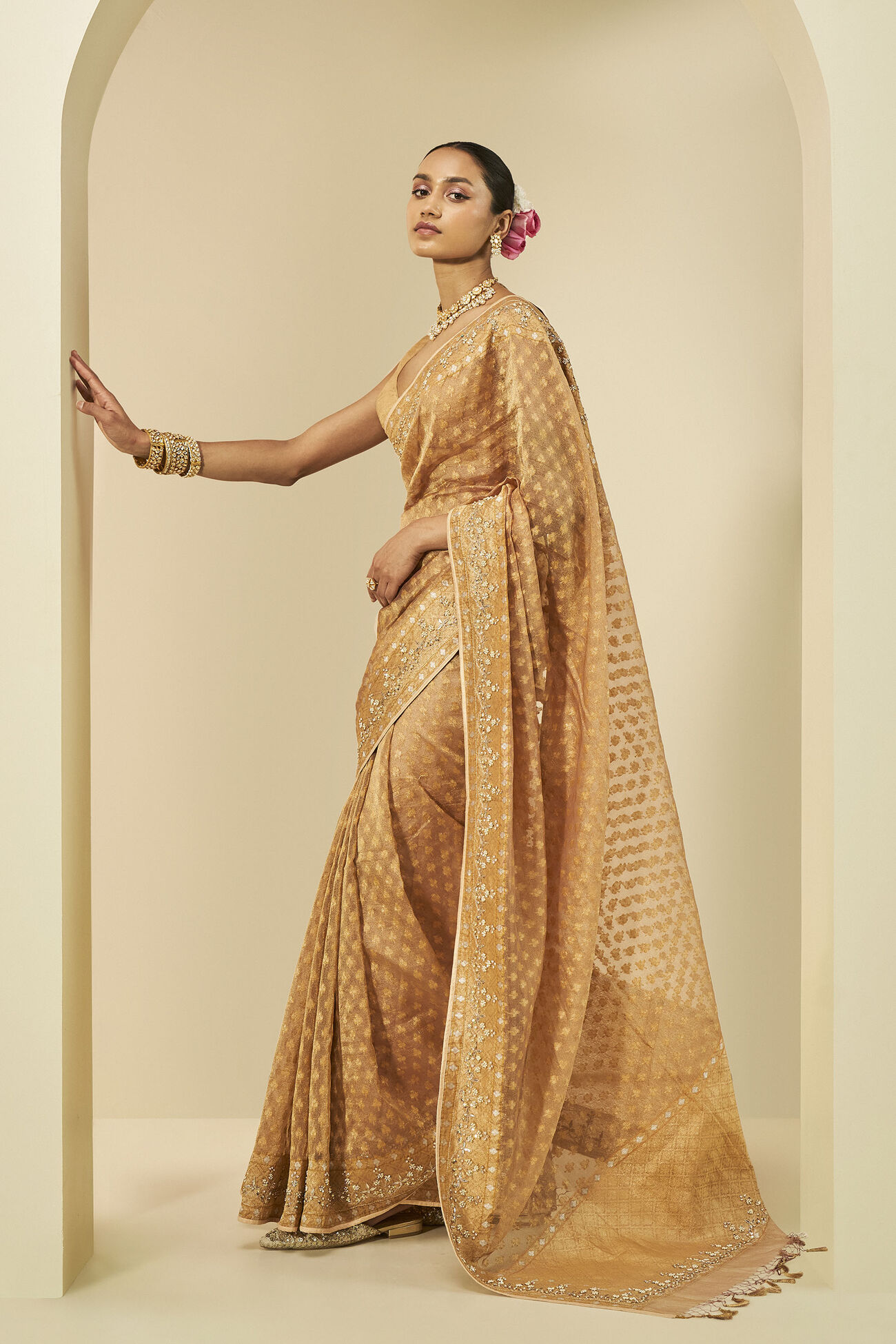 Sunehra Benarasi Silk Gota Patti Saree, Gold, image 3
