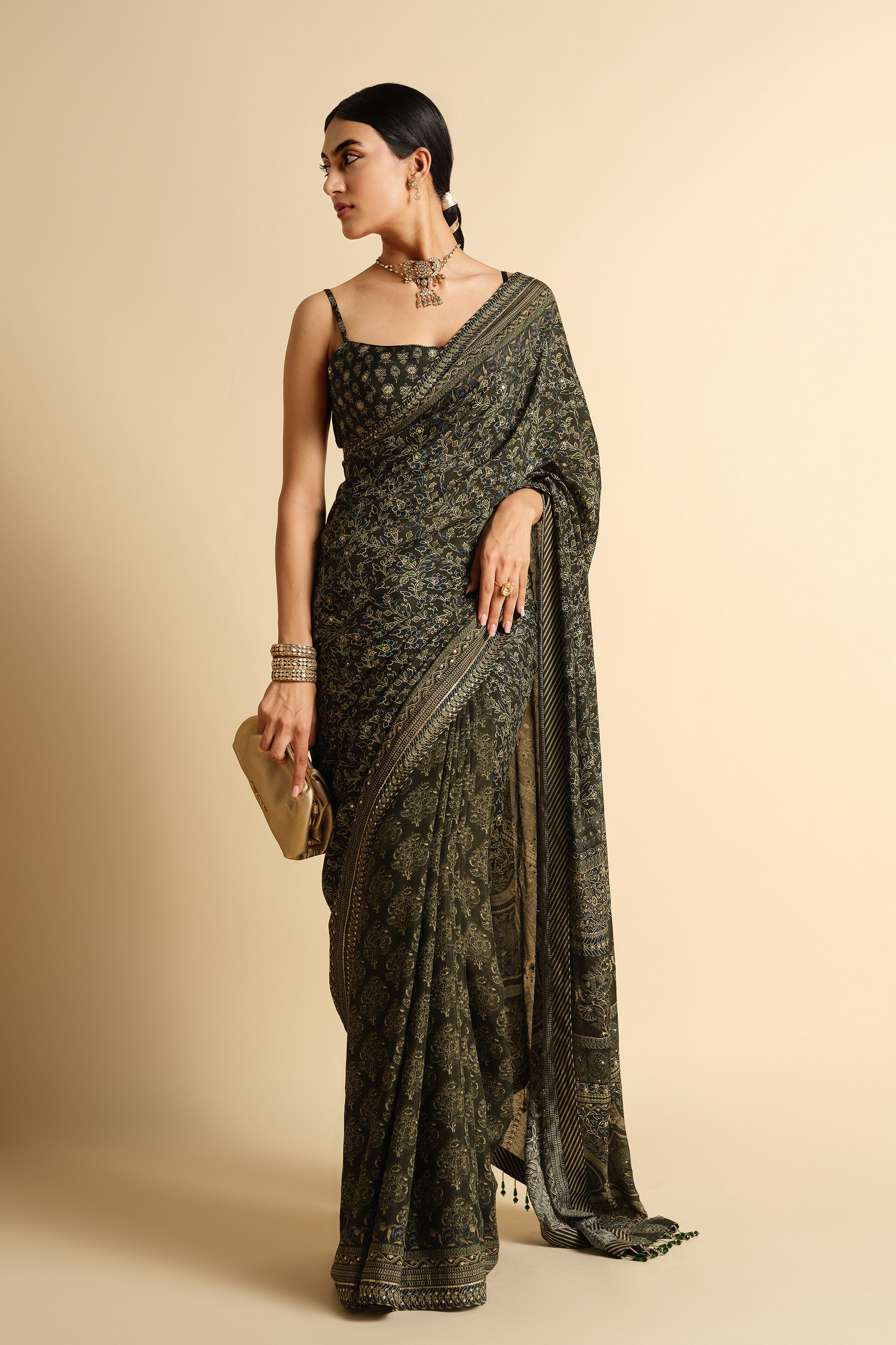 Apramiti Sequin Saree - Green, Green, image 4