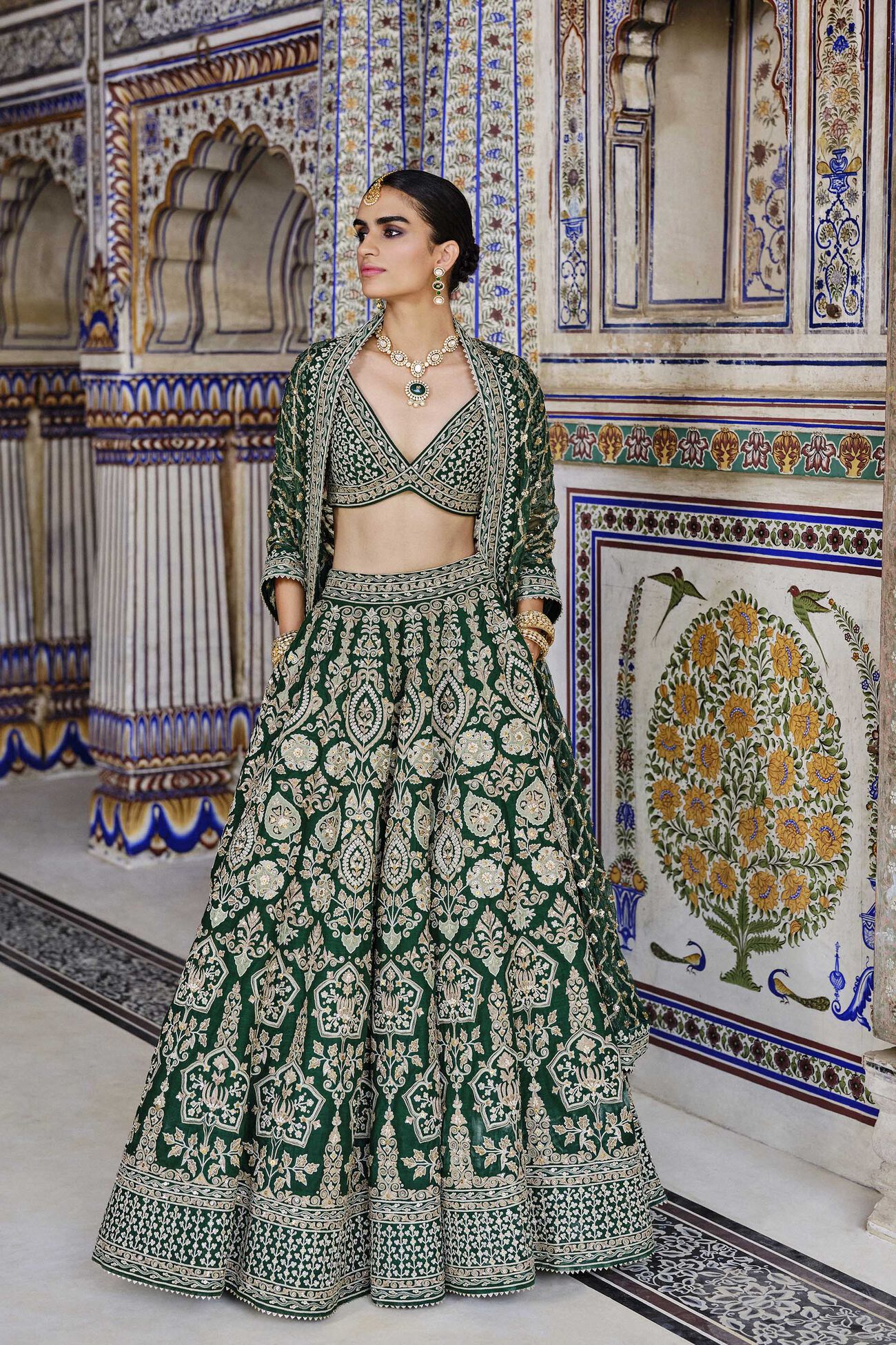 Sylvan Embroidered Zardozi Silk Lehenga Set - Green, Green, image 1