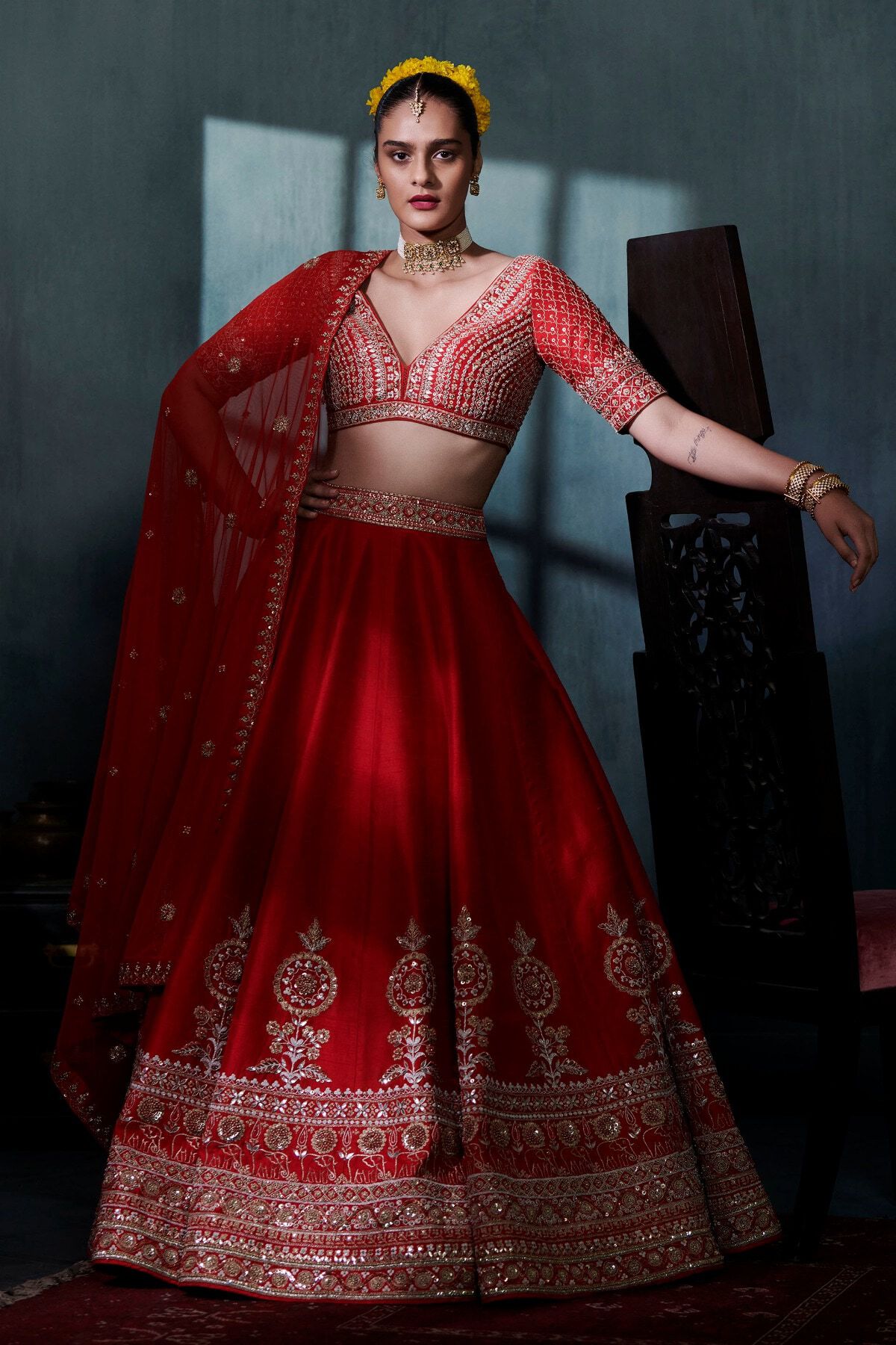 Buy Persian Red Lehenga Choli In Velvet With Multi Colored Hand Embroidered  Mughal Kalis And Floral Motifs Online - Kalki Fashion