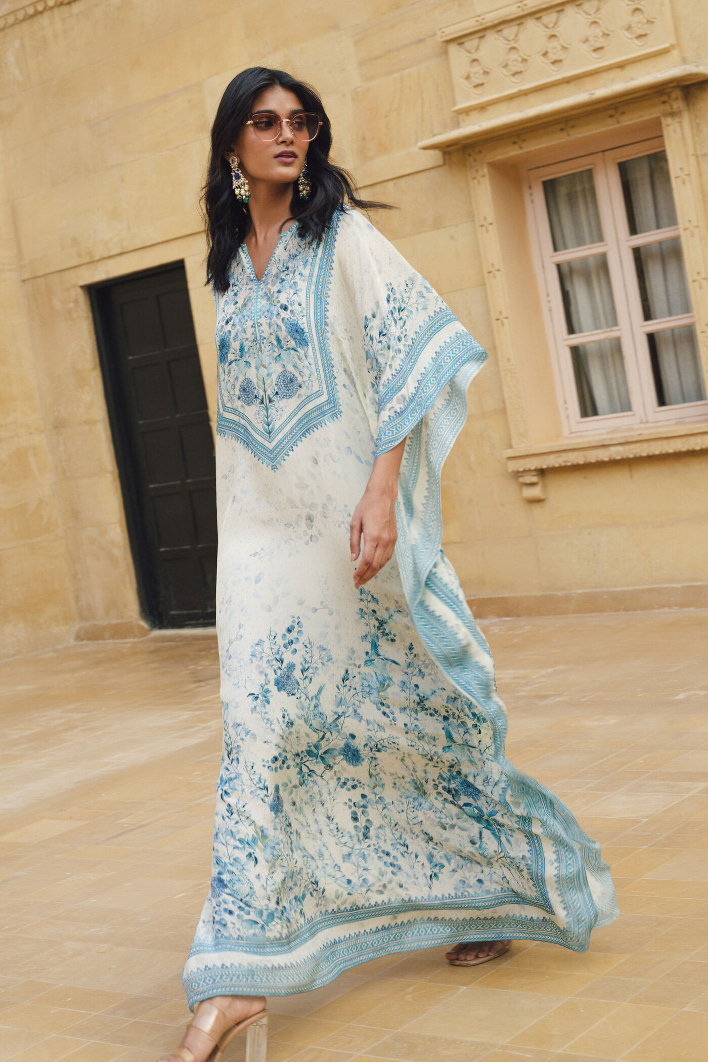 blue and white kaftan dress Cotton Blue & White Printed Kaftan Style Dress