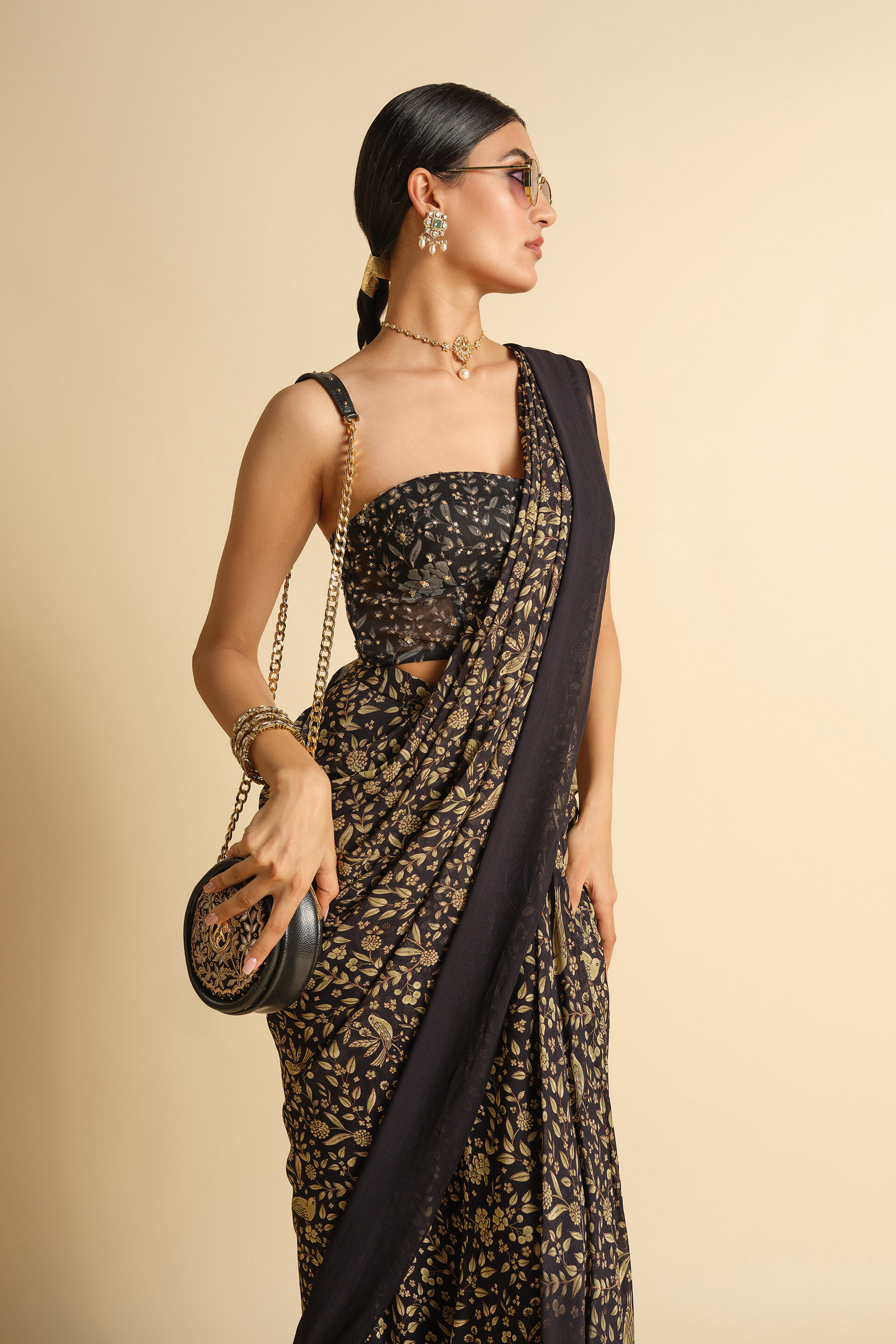 Gwylan Sequin Georgette Pre-stitched Saree - Black, Black, image 5