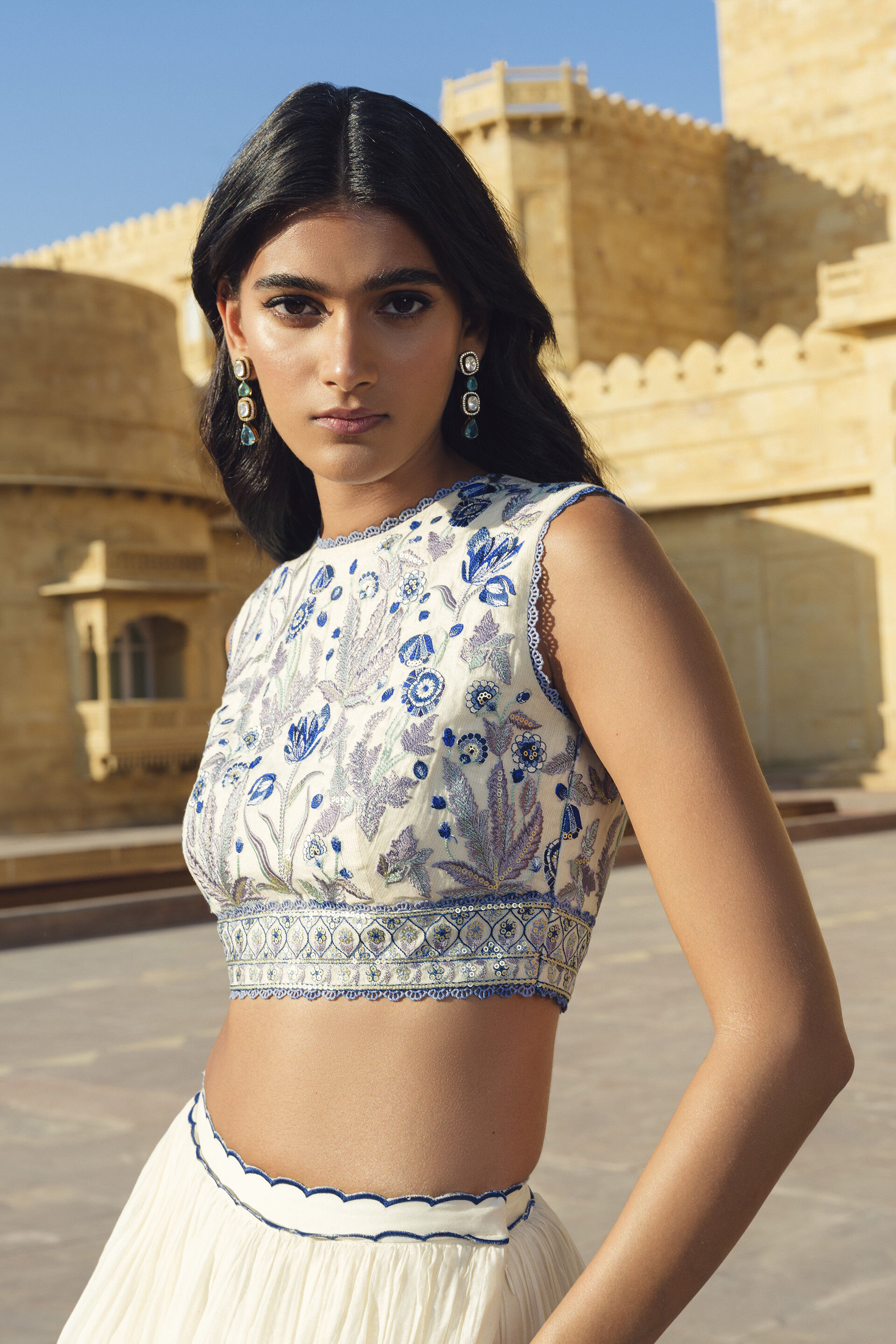 Emalia Embroidered Mul Skirt Set - Natural, White, image 3