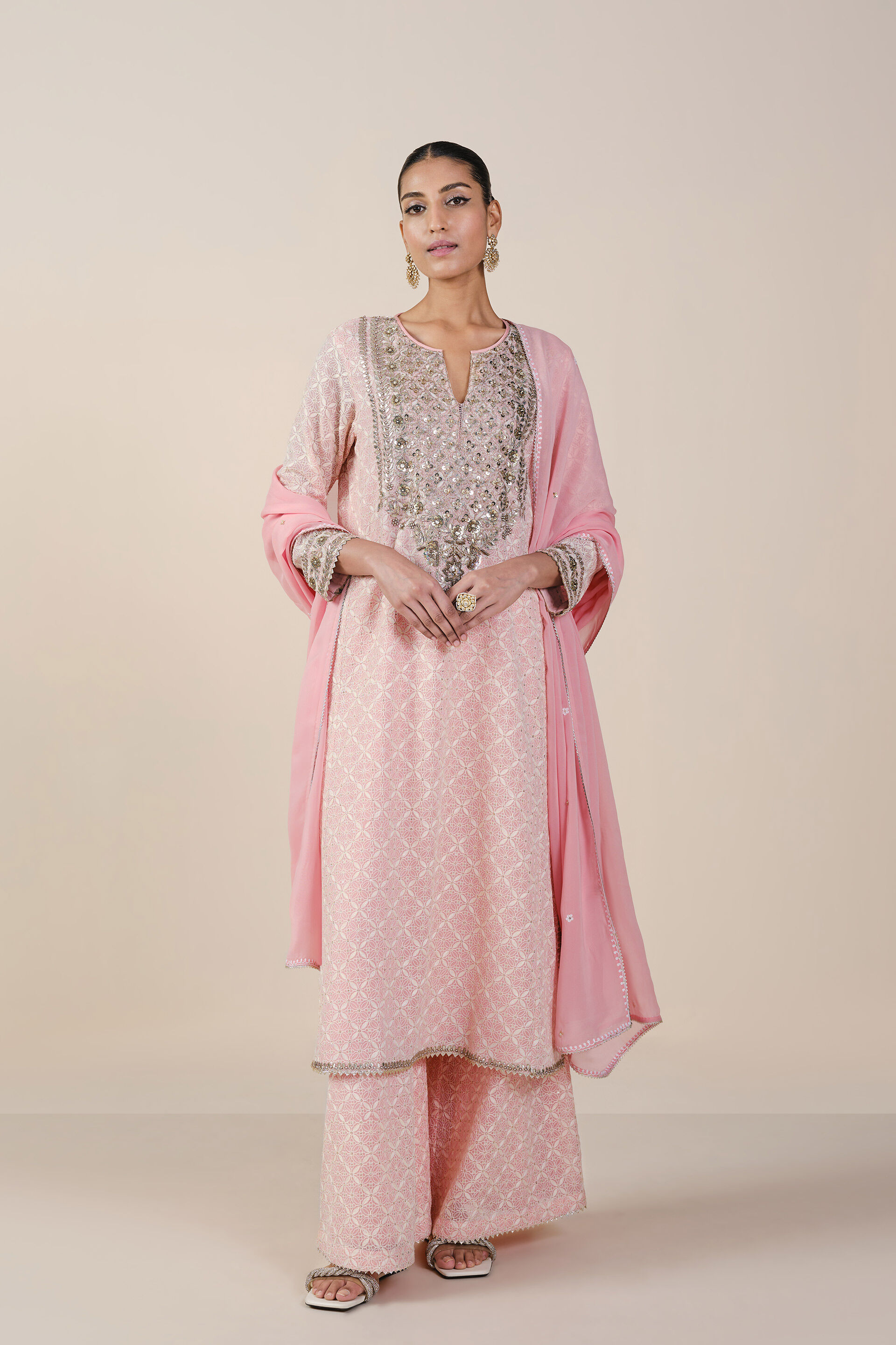 Aaloka Embroidered Georgette Suit Set - Blush