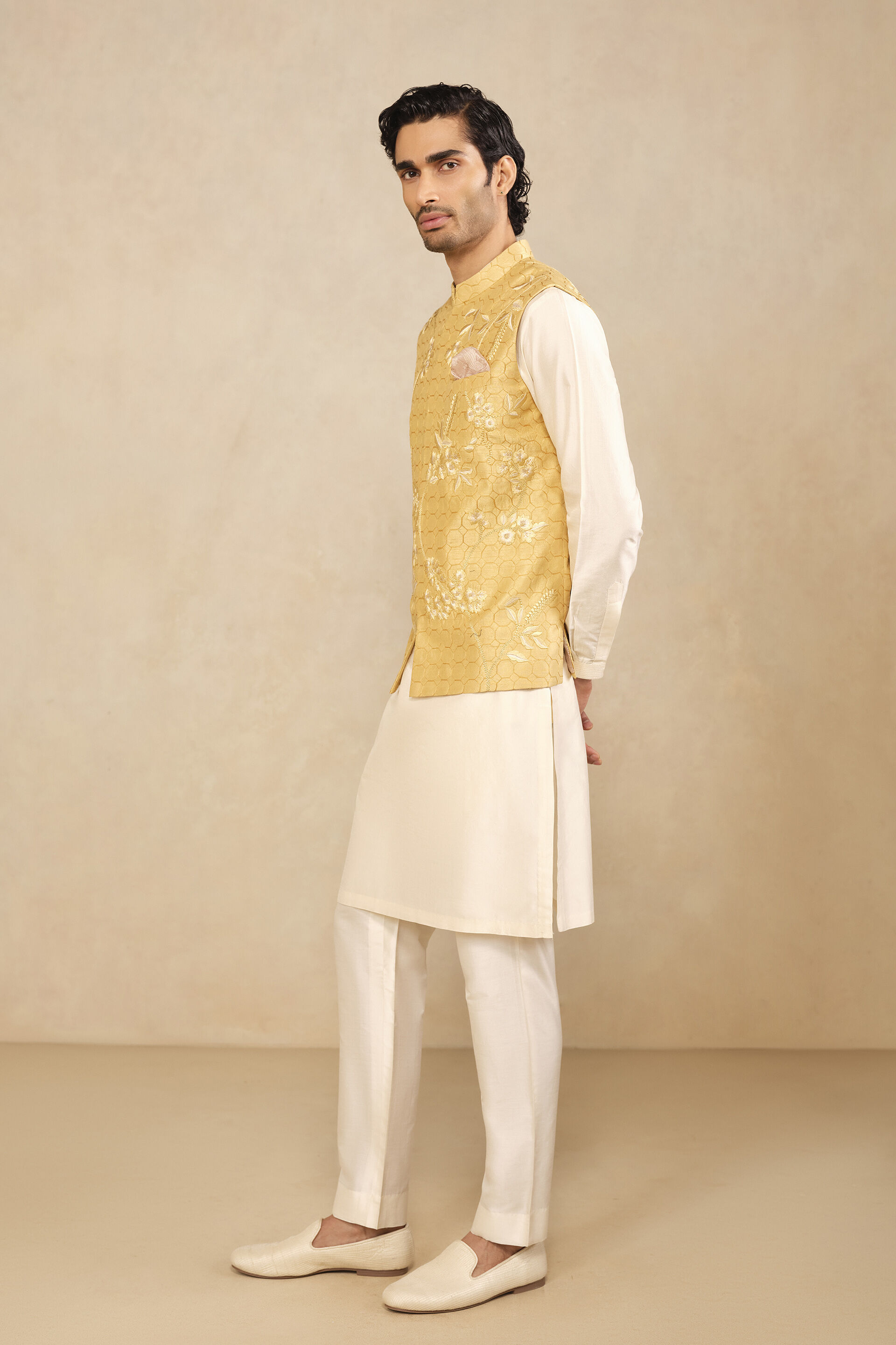 Omar Embroidered Silk Nehru Jacket - Mustard, Mustard, image 3