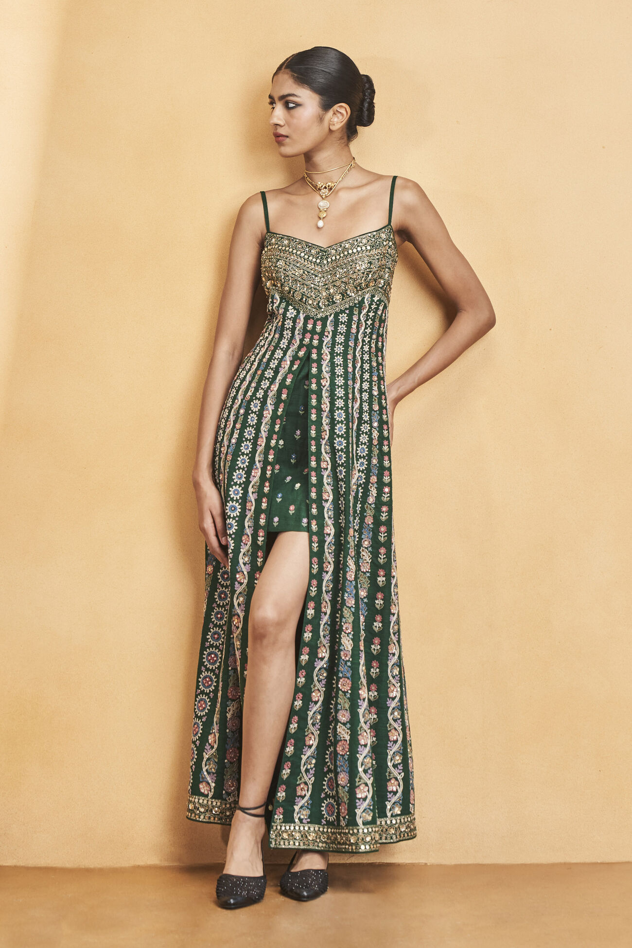 Sounds Of The Forest SEWA Hand-embroidered Silk Dress, Green, image 4